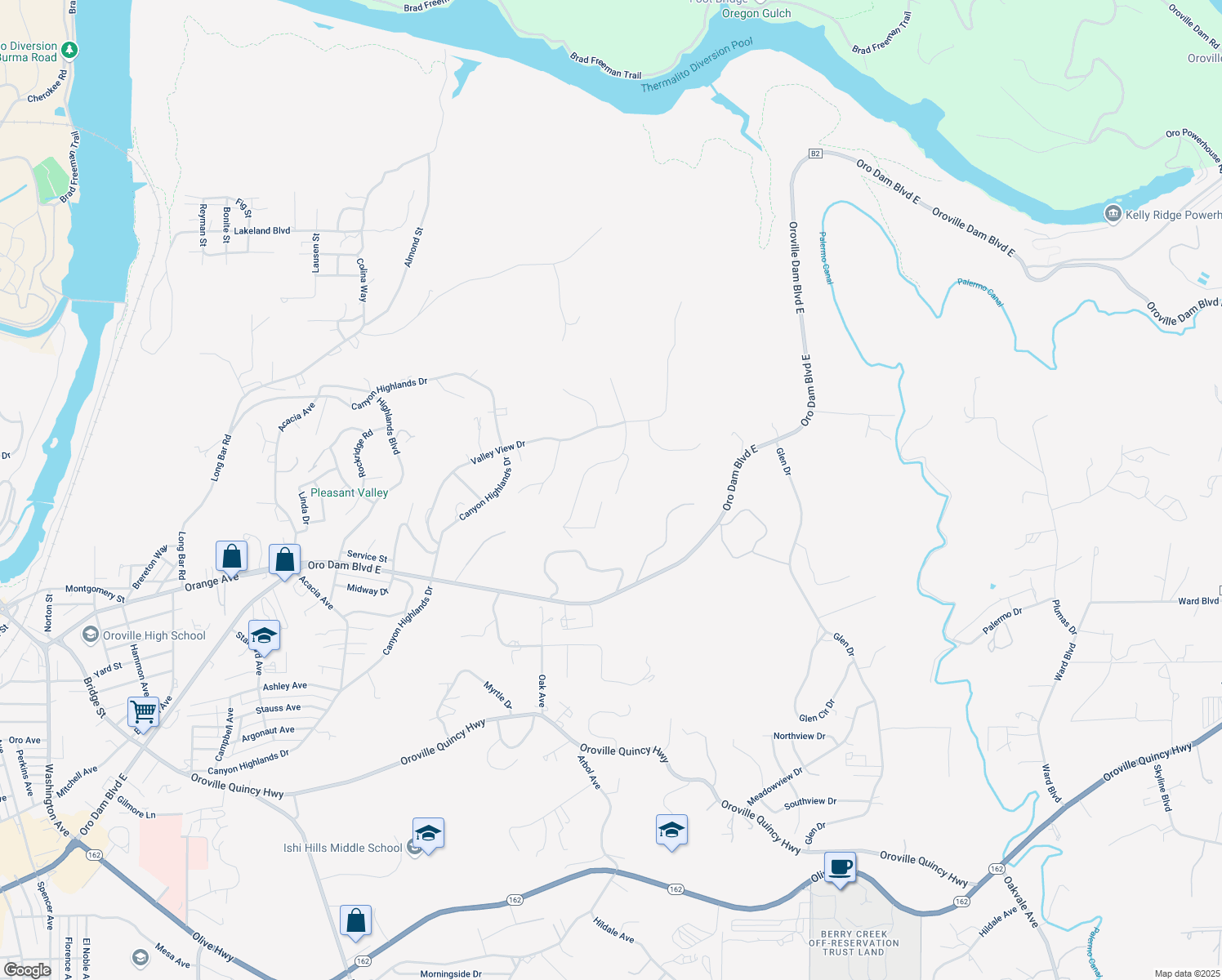 map of restaurants, bars, coffee shops, grocery stores, and more near 4 Lemon Hill Court in Oroville