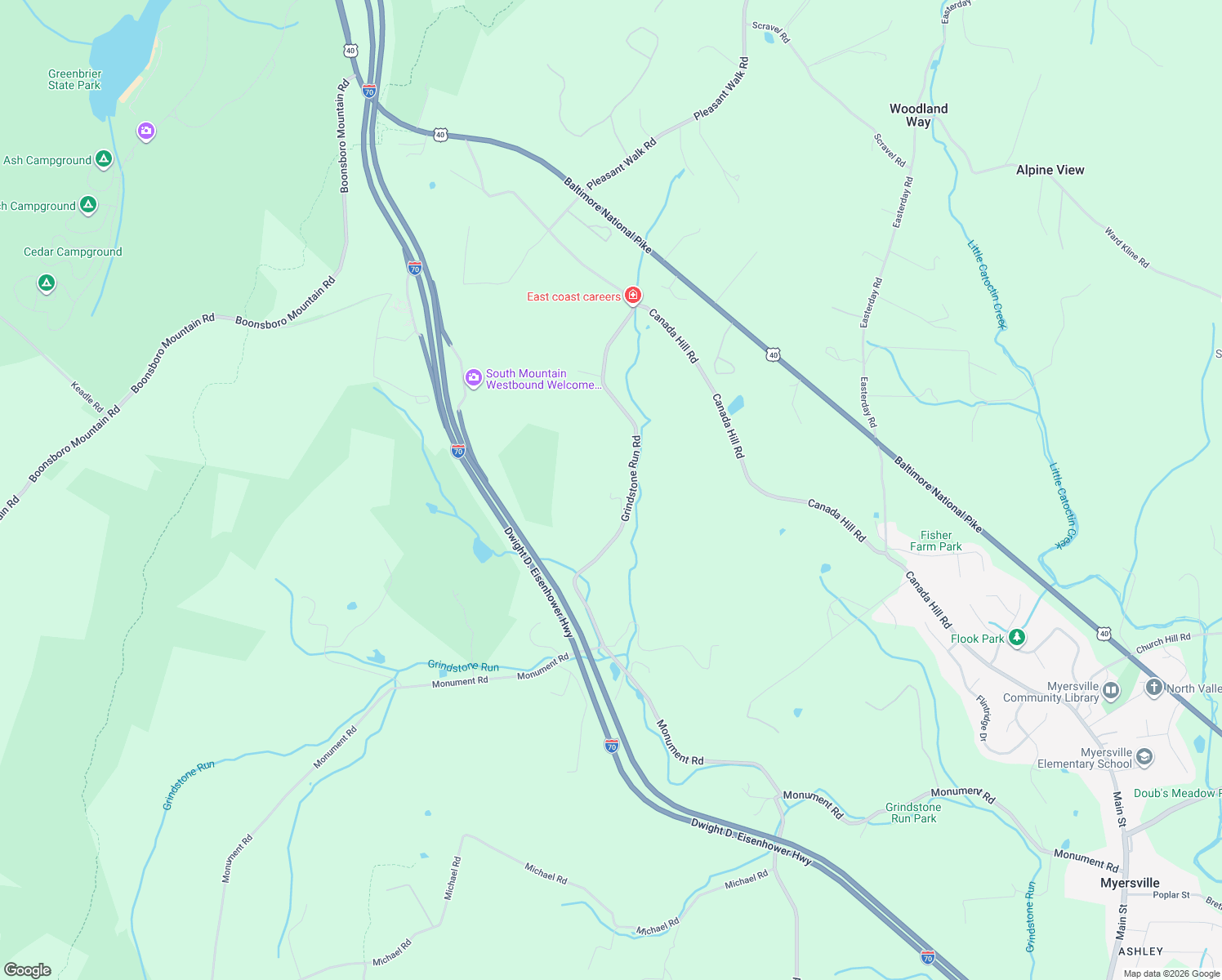 map of restaurants, bars, coffee shops, grocery stores, and more near 10440 Grindstone Run Road in Myersville