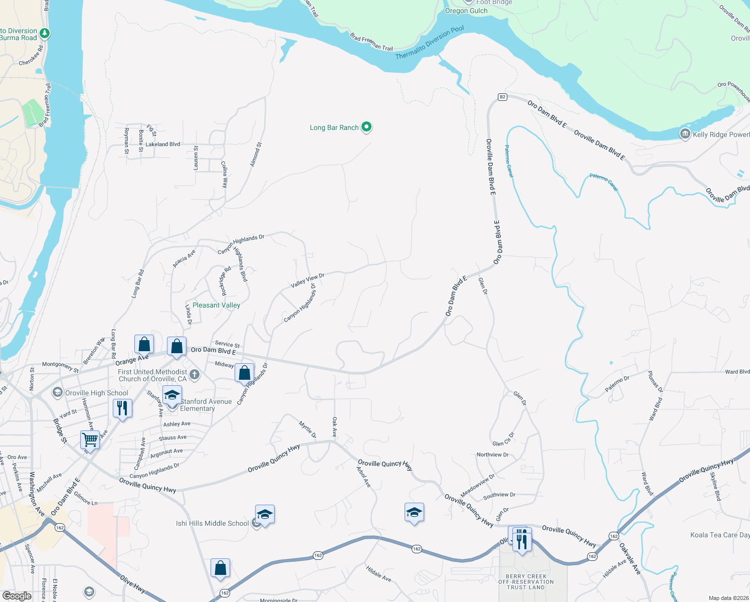 map of restaurants, bars, coffee shops, grocery stores, and more near 3 Lemon Hill Court in Oroville