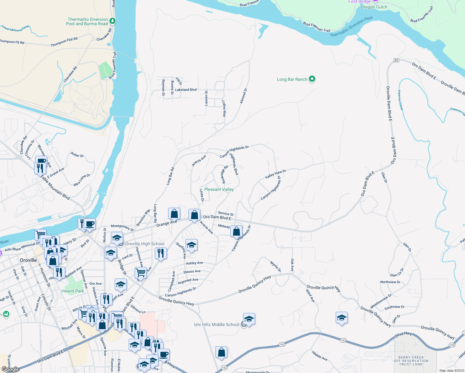 map of restaurants, bars, coffee shops, grocery stores, and more near 8 Wildwood Court in Oroville