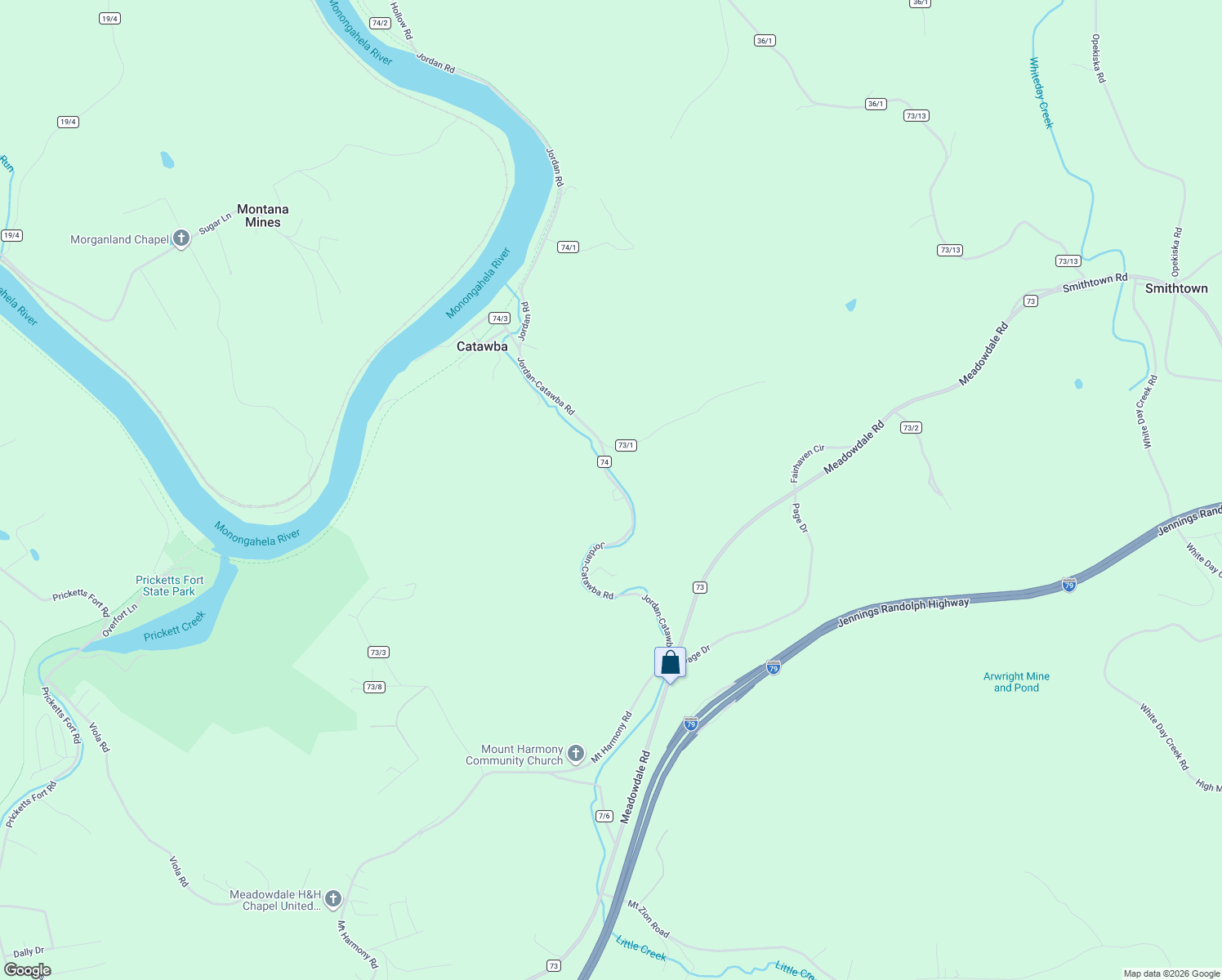 map of restaurants, bars, coffee shops, grocery stores, and more near 207 County Route 74 in Fairmont
