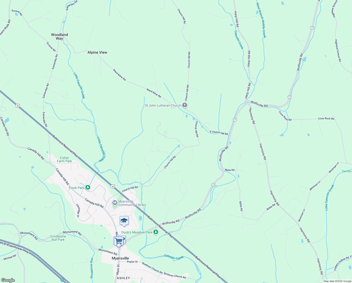 map of restaurants, bars, coffee shops, grocery stores, and more near 10444 Church Hill Road in Myersville