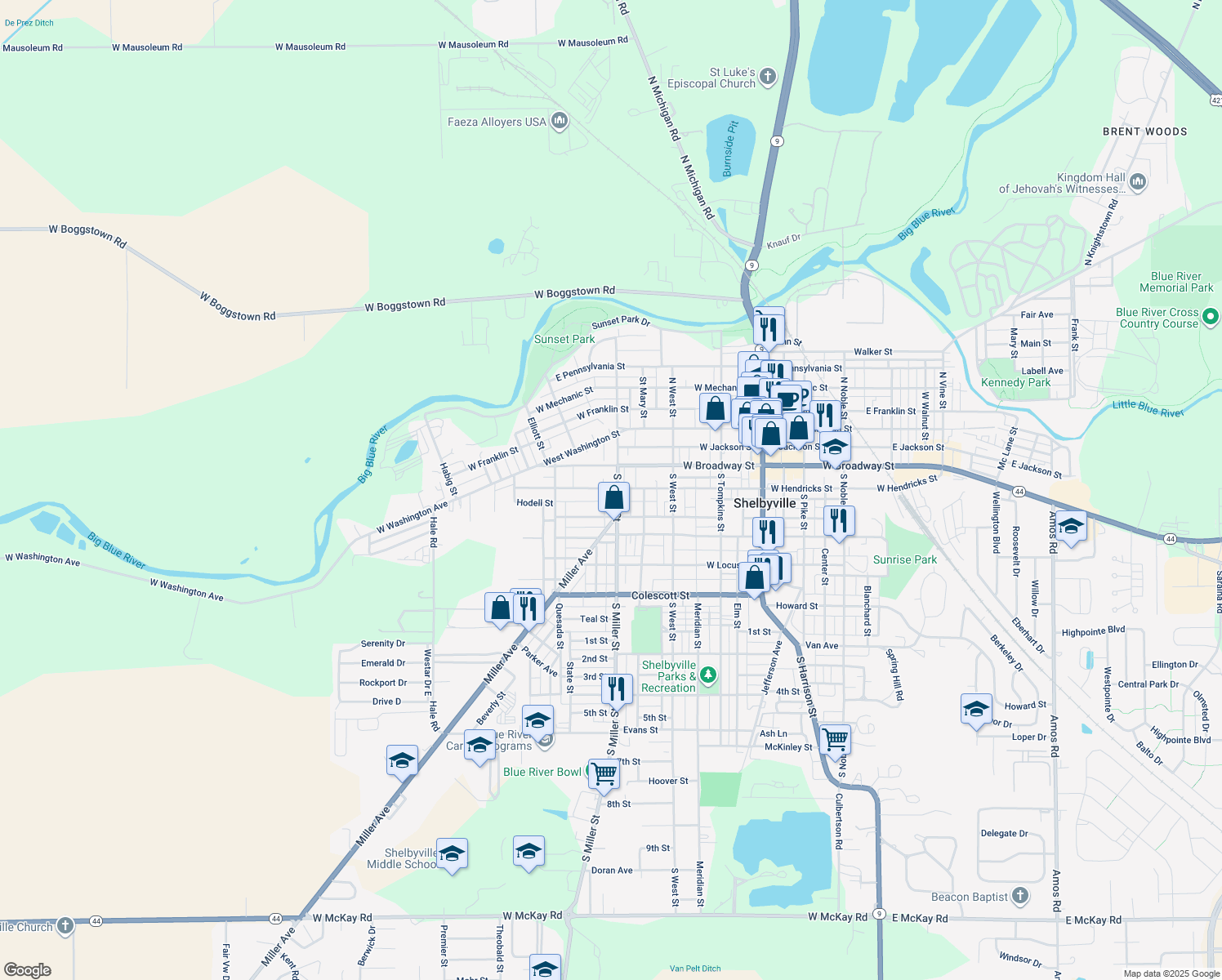 map of restaurants, bars, coffee shops, grocery stores, and more near 407 W Hendricks St in Shelbyville