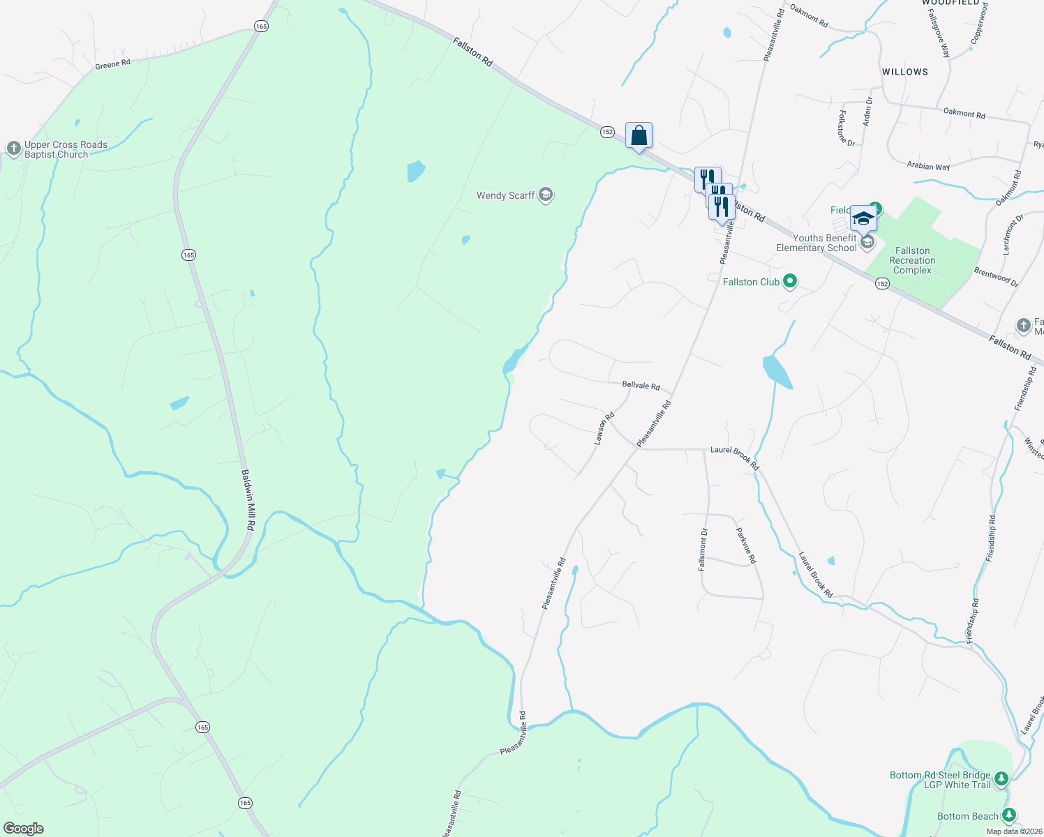 map of restaurants, bars, coffee shops, grocery stores, and more near 2121 Oaklyn Drive in Fallston