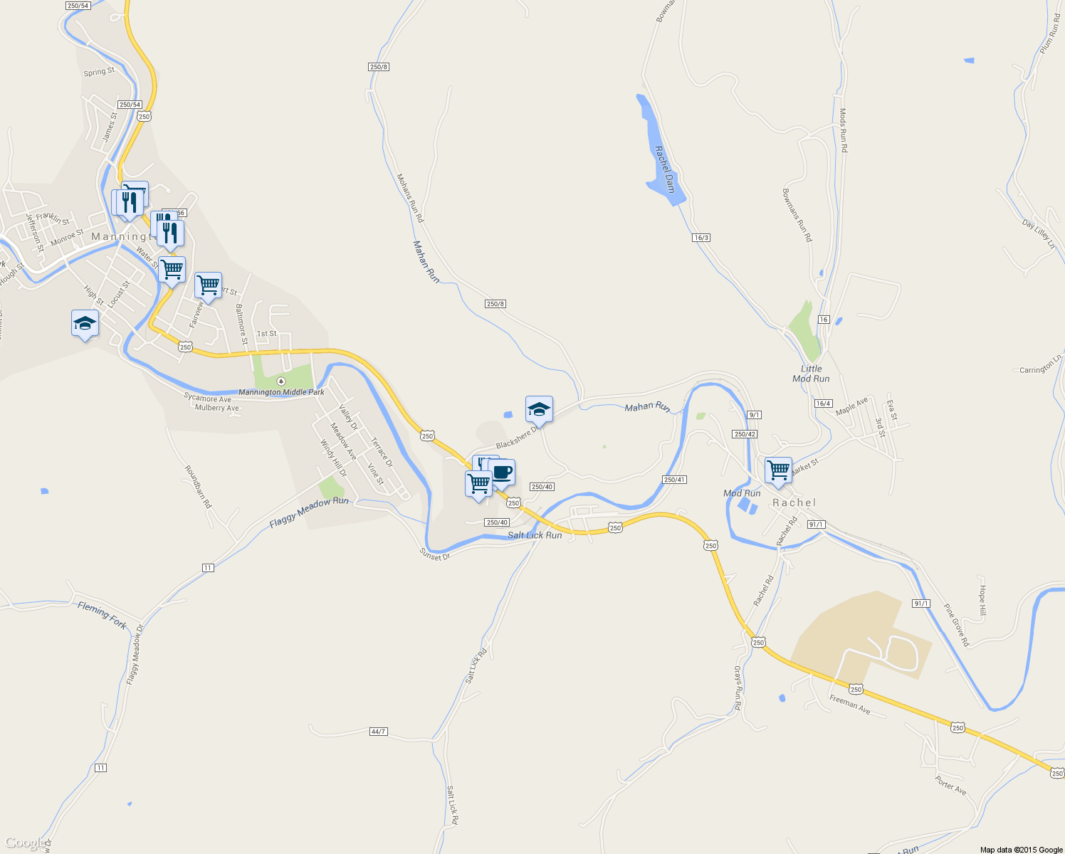 map of restaurants, bars, coffee shops, grocery stores, and more near 57 Blackshere Drive in Mannington