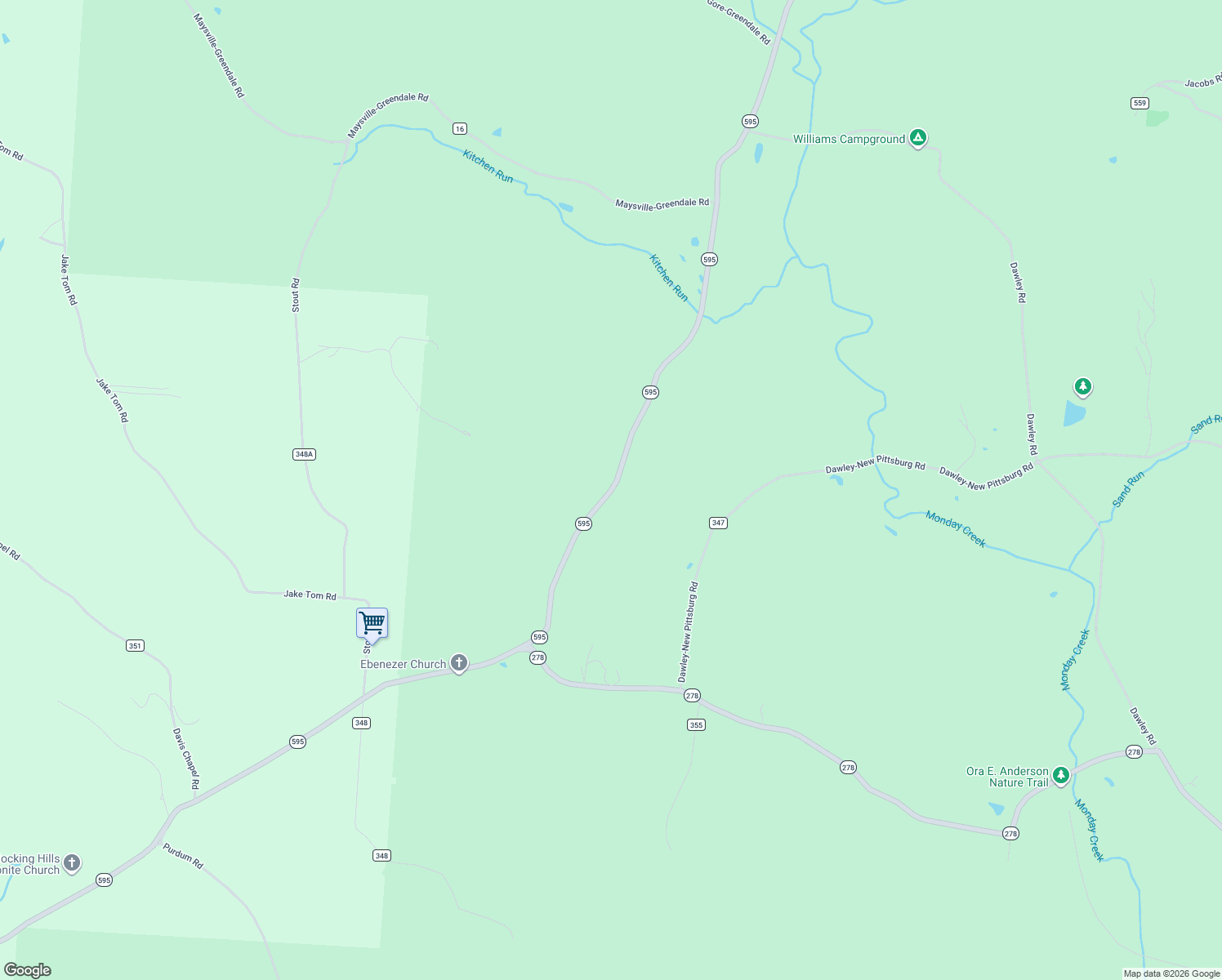 map of restaurants, bars, coffee shops, grocery stores, and more near 13623 Ohio 595 in Logan
