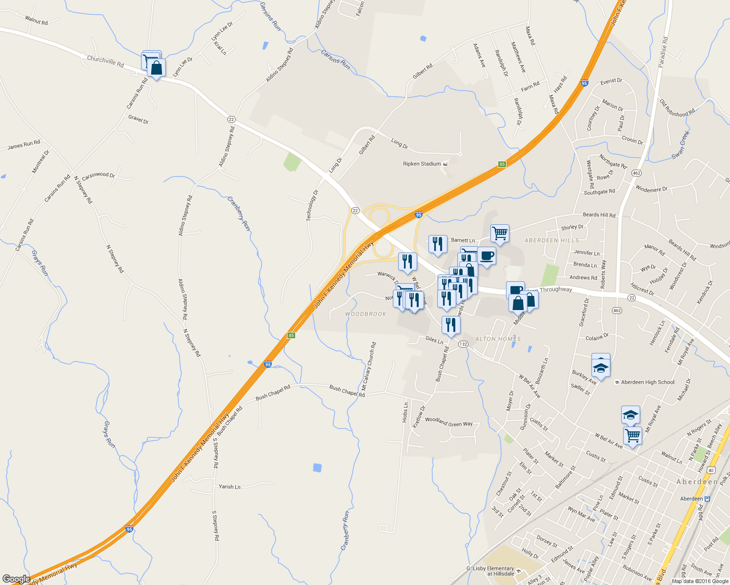 map of restaurants, bars, coffee shops, grocery stores, and more near 122 North Philadelphia Boulevard in Aberdeen