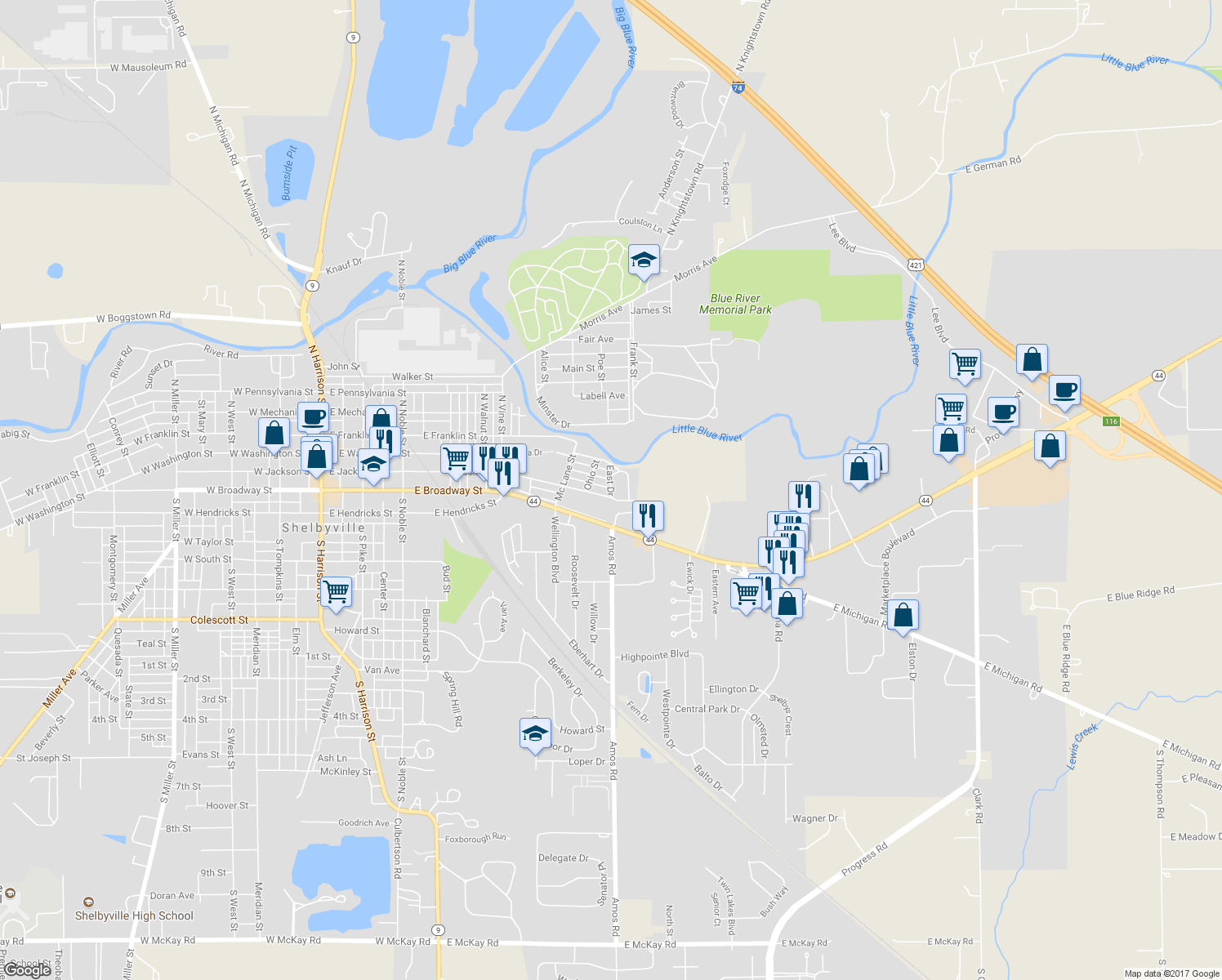map of restaurants, bars, coffee shops, grocery stores, and more near 125 East Drive in Shelbyville