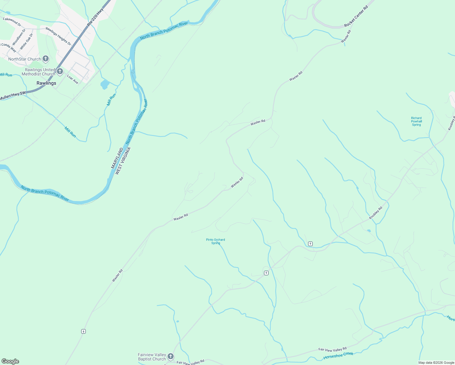 map of restaurants, bars, coffee shops, grocery stores, and more near 9475 Waxler Road in Keyser