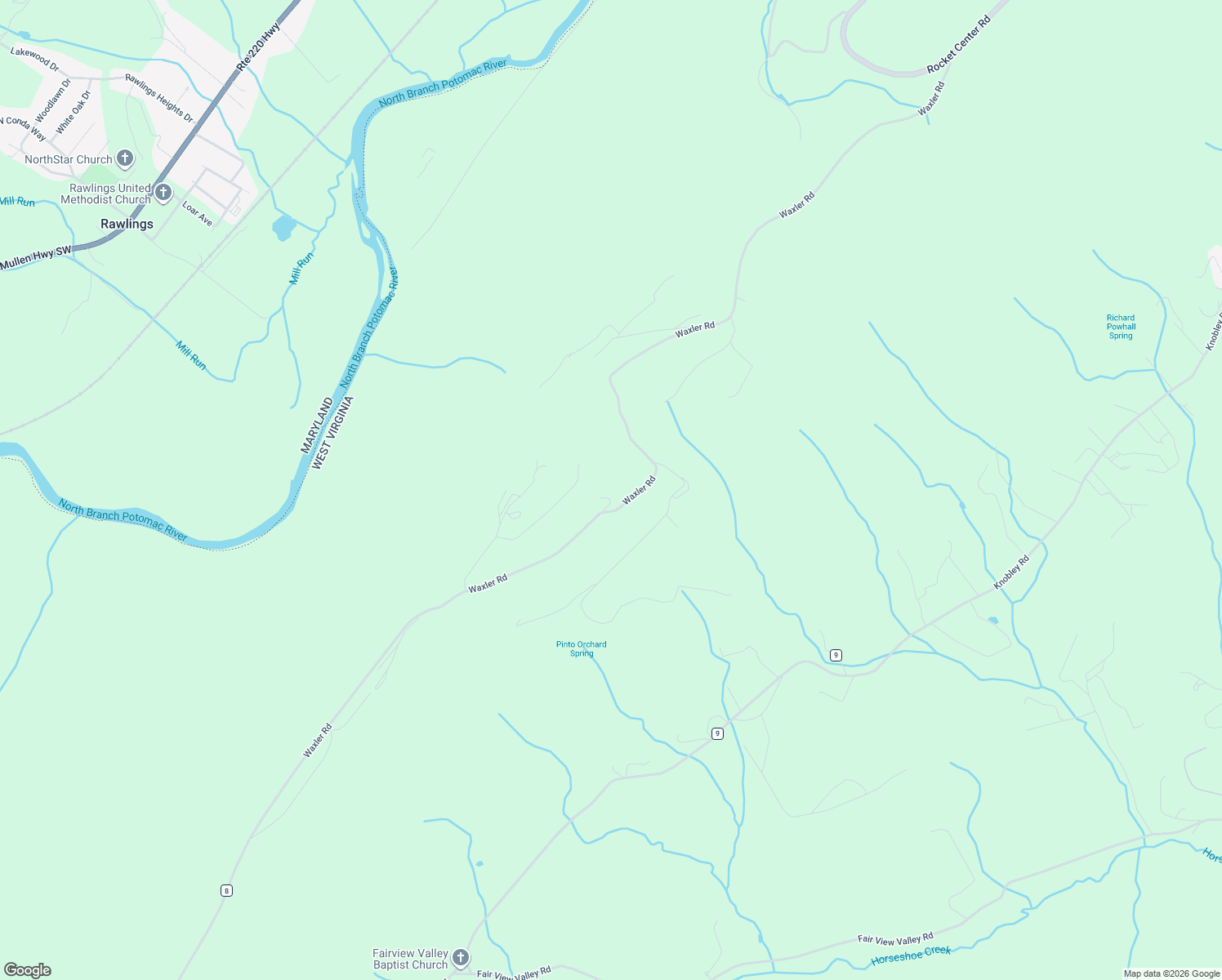 map of restaurants, bars, coffee shops, grocery stores, and more near 9475 Waxler Road in Keyser