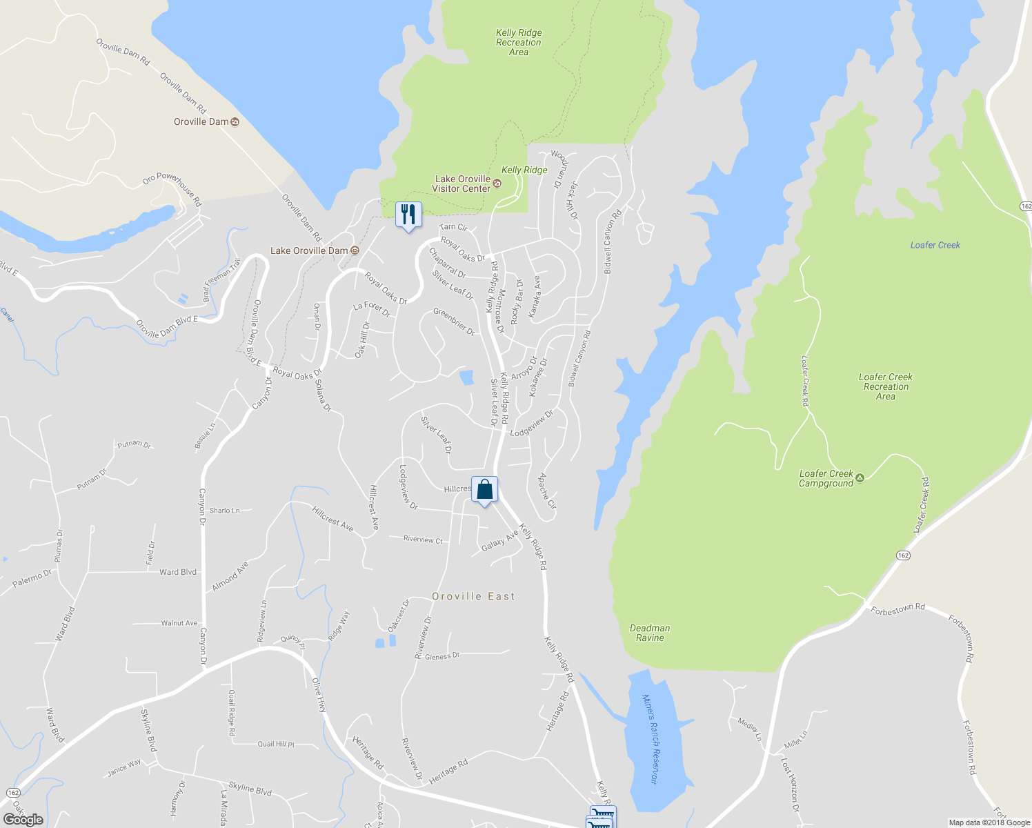 map of restaurants, bars, coffee shops, grocery stores, and more near 5 Coho Court in Oroville