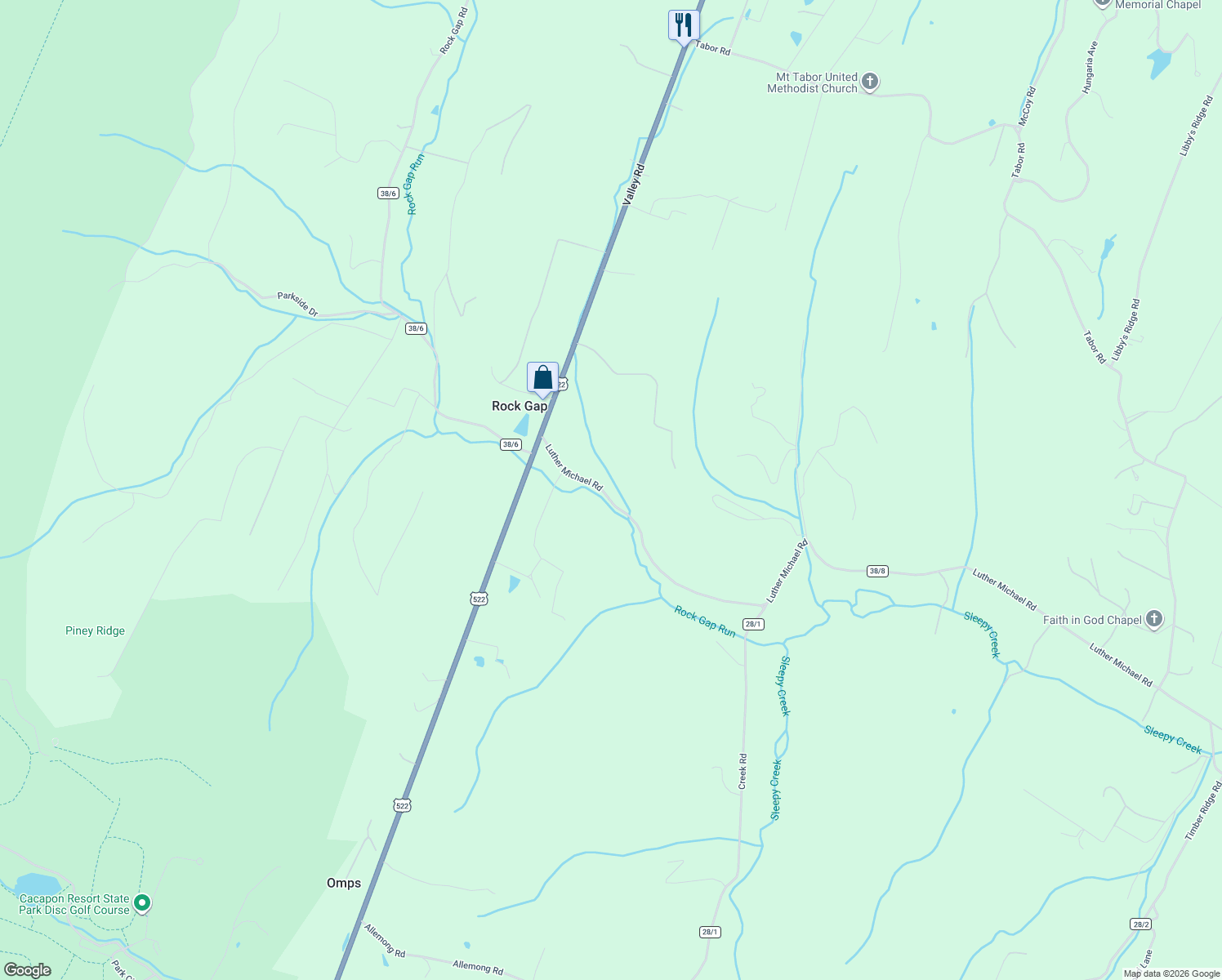 map of restaurants, bars, coffee shops, grocery stores, and more near 259 Luther Michael Road in Berkeley Springs