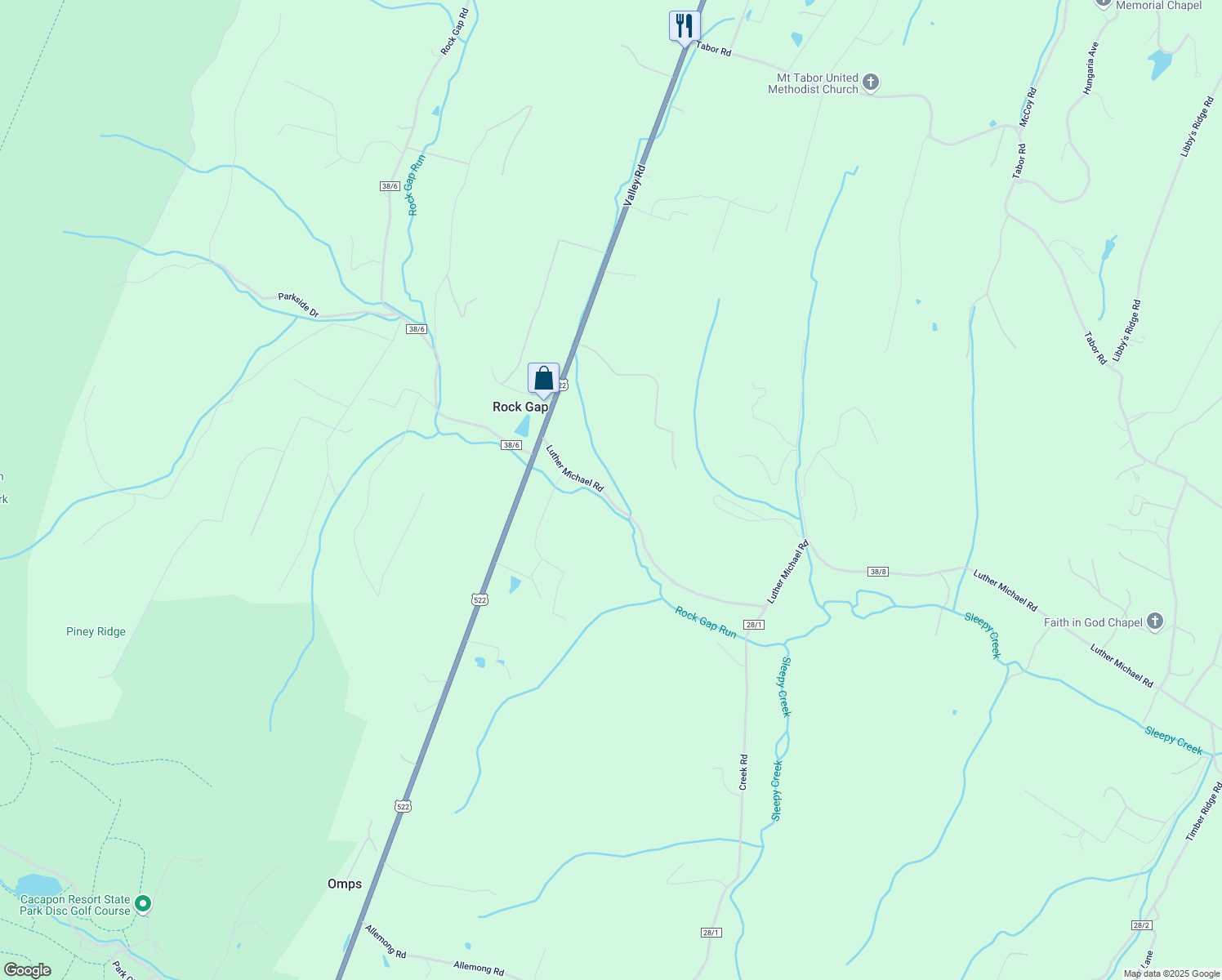 map of restaurants, bars, coffee shops, grocery stores, and more near 259 Luther Michael Road in Berkeley Springs