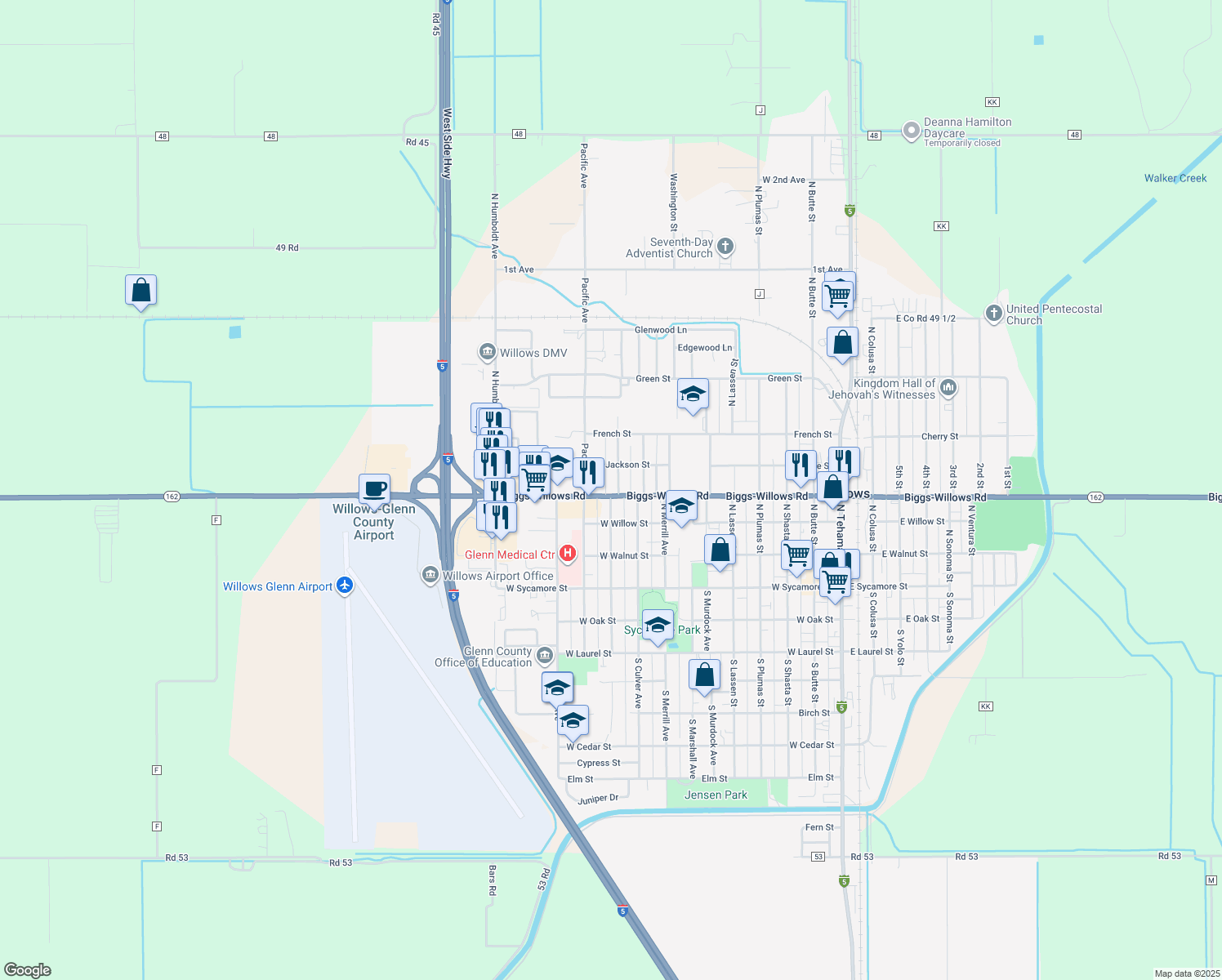 map of restaurants, bars, coffee shops, grocery stores, and more near 417 Jefferson Street in Willows