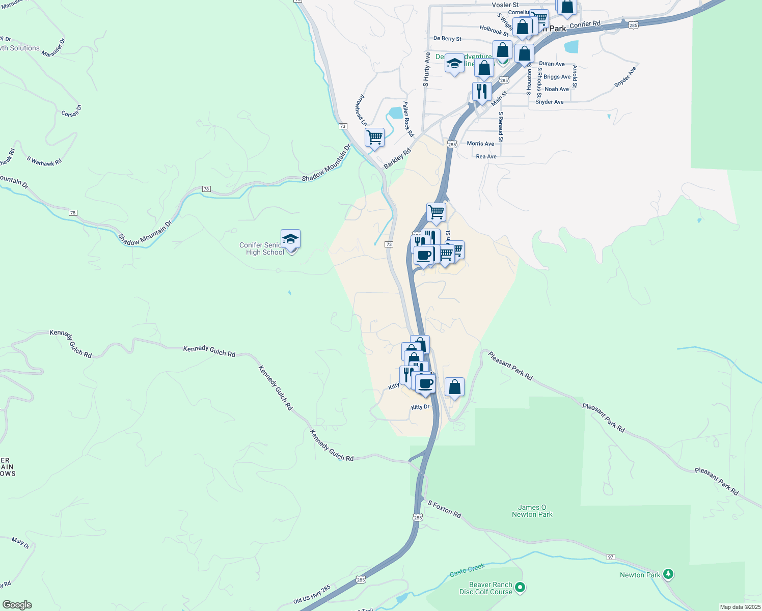 map of restaurants, bars, coffee shops, grocery stores, and more near 10541 County Road 73 in Conifer