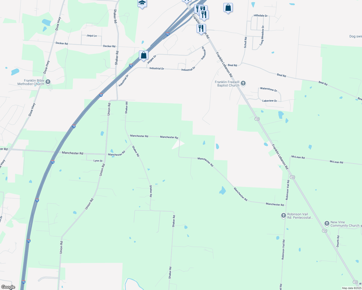 map of restaurants, bars, coffee shops, grocery stores, and more near 4938 Manchester Road in Franklin