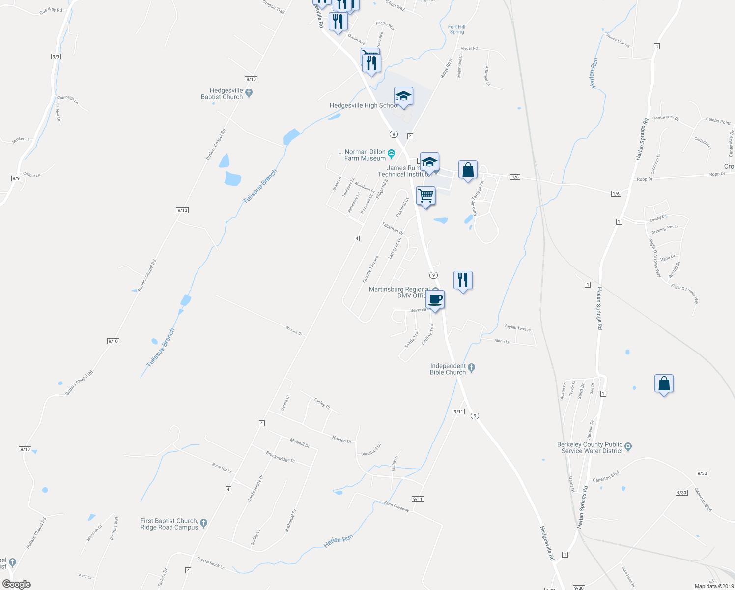 map of restaurants, bars, coffee shops, grocery stores, and more near 448 Larkspur Lane in Martinsburg