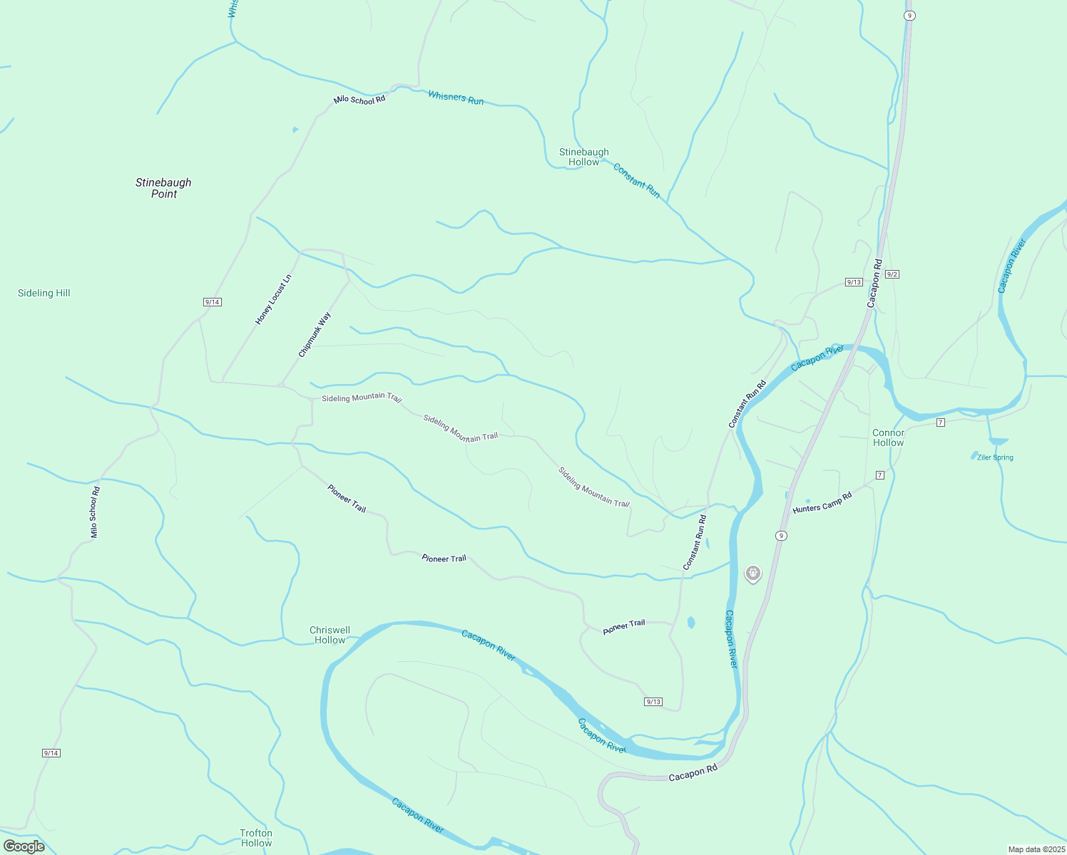 map of restaurants, bars, coffee shops, grocery stores, and more near 874 Sideling Mountain Trail in Great Cacapon