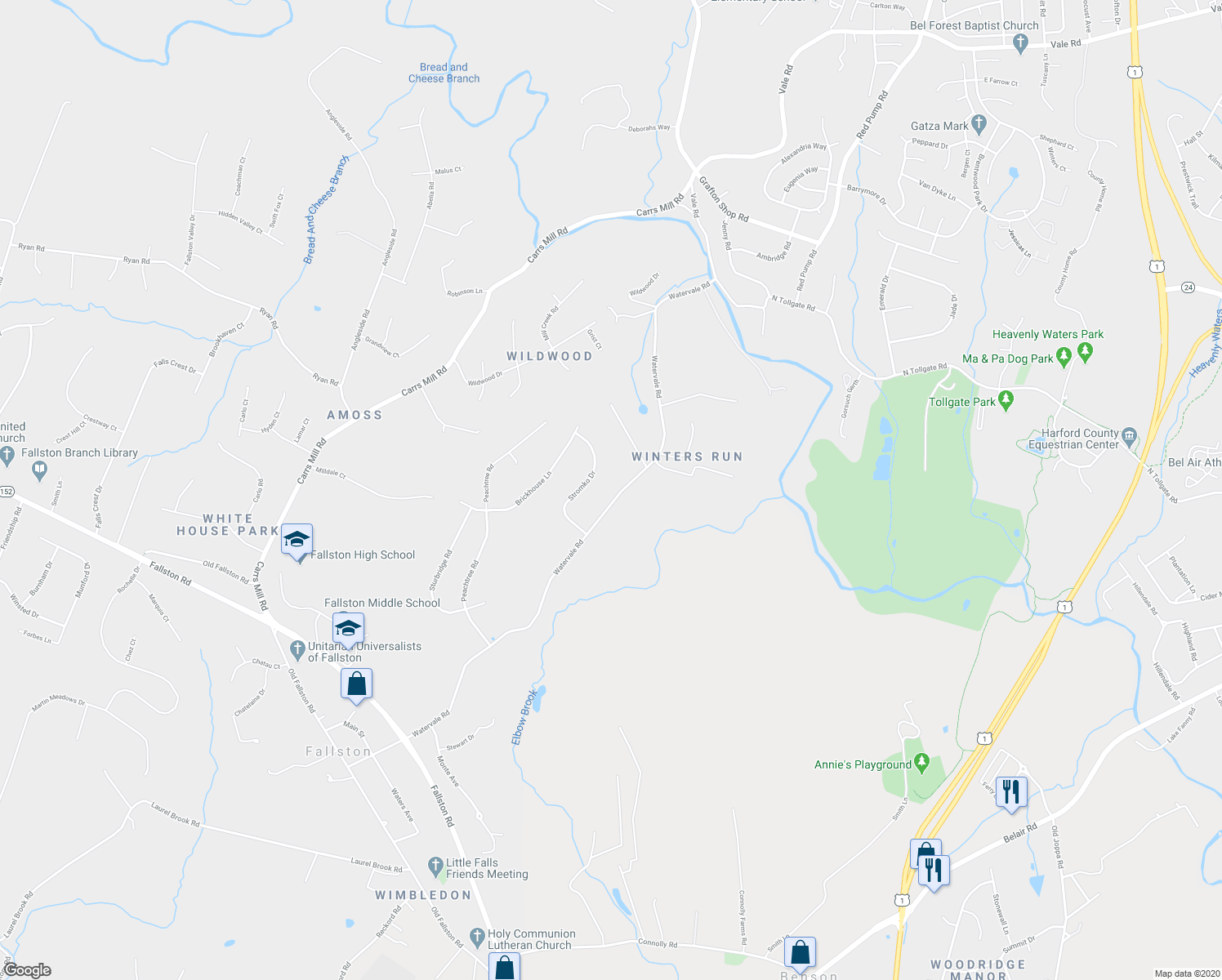 map of restaurants, bars, coffee shops, grocery stores, and more near 1700 Watervale Road in Fallston