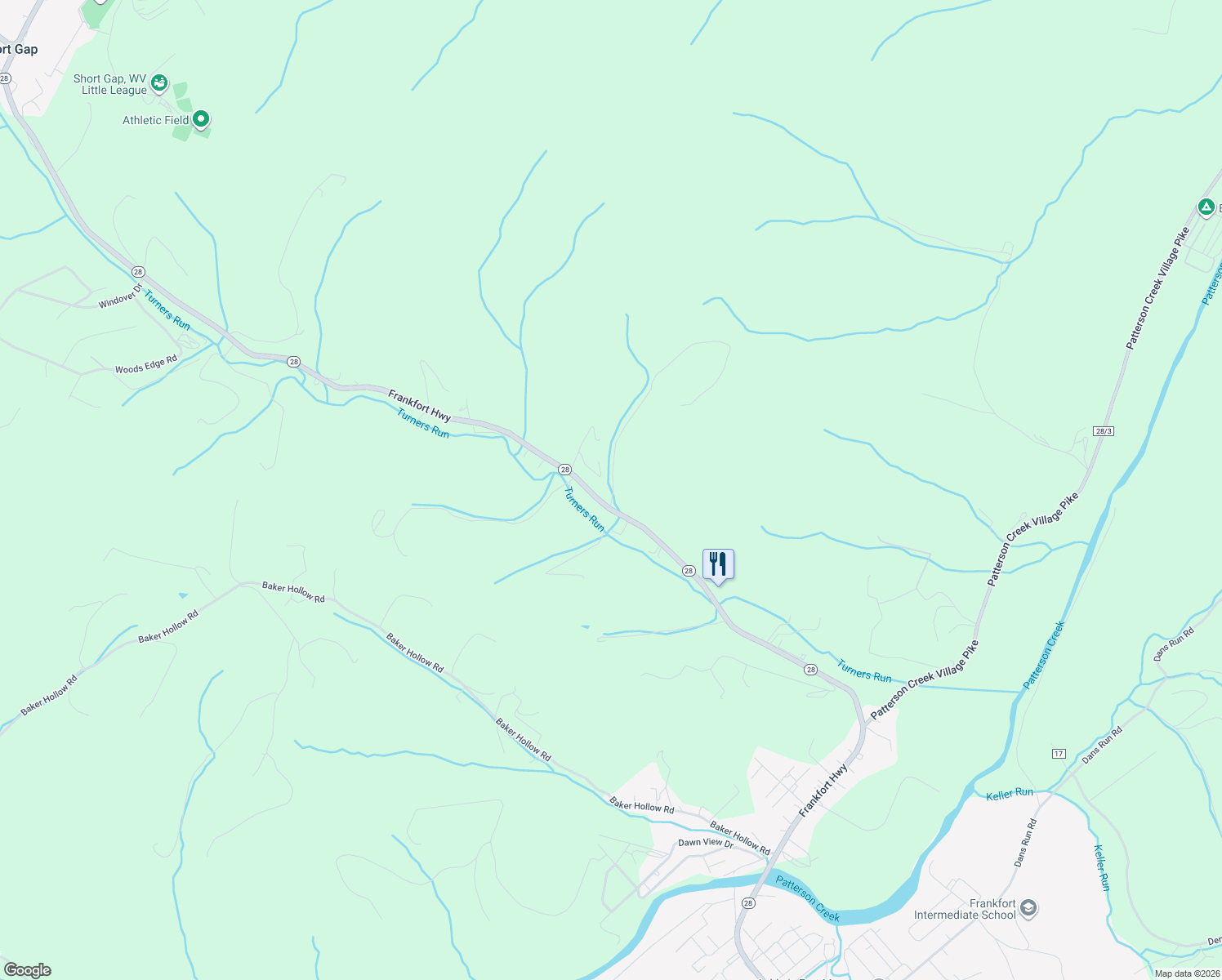 map of restaurants, bars, coffee shops, grocery stores, and more near 63 Turner Run Lane in Fort Ashby