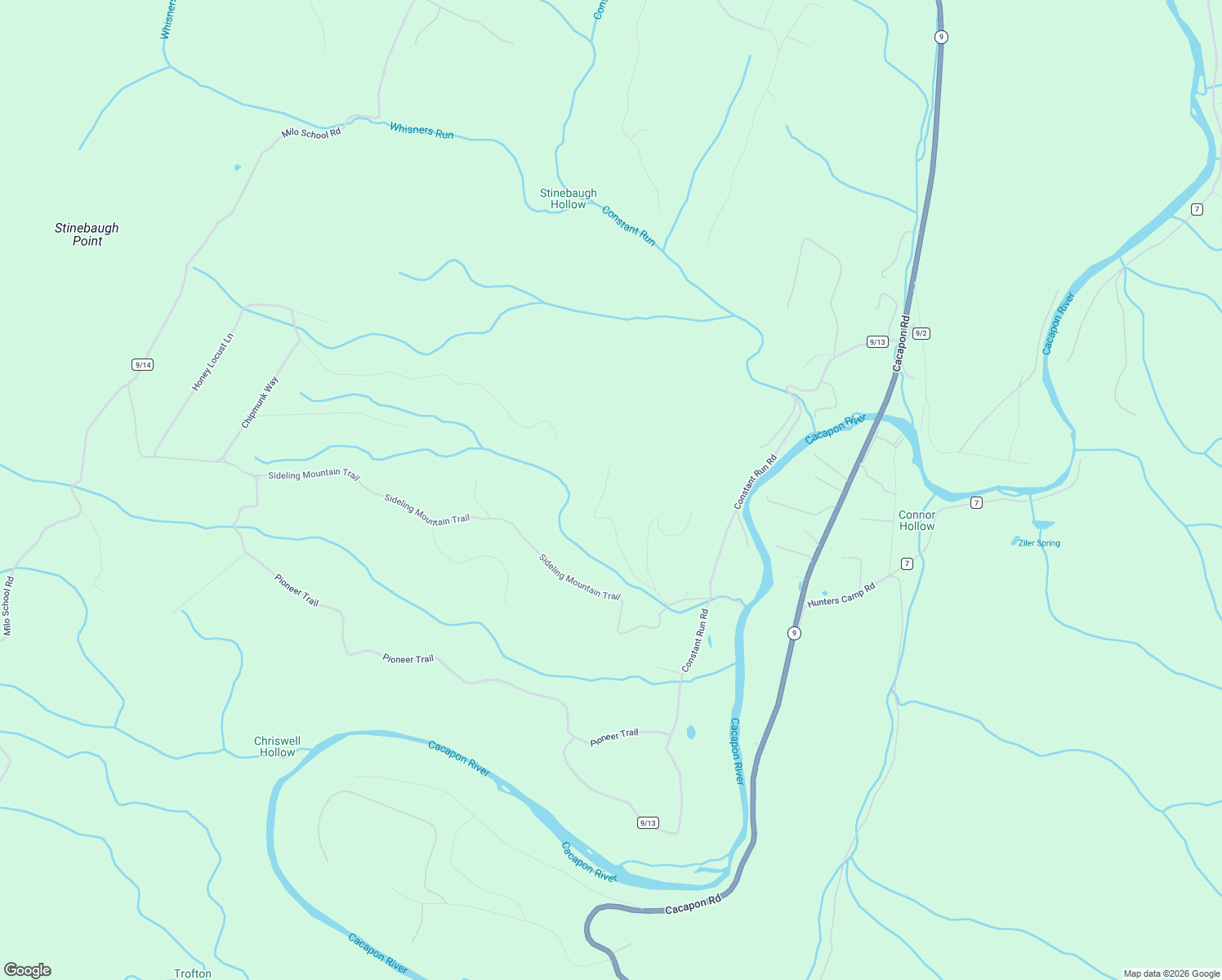 map of restaurants, bars, coffee shops, grocery stores, and more near 448 Sundown Trail in Great Cacapon