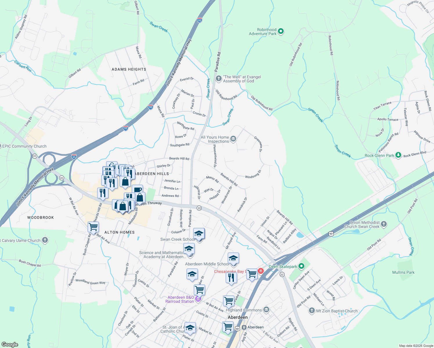 map of restaurants, bars, coffee shops, grocery stores, and more near 521 Beards Hill Rd in Aberdeen