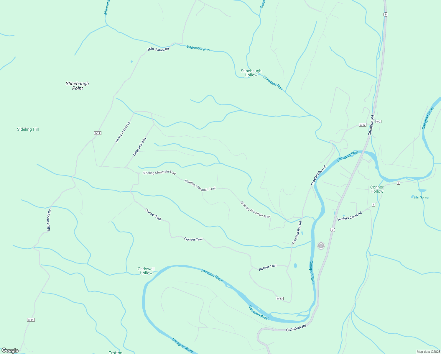 map of restaurants, bars, coffee shops, grocery stores, and more near 874 Sideling Mountain Trail in Great Cacapon