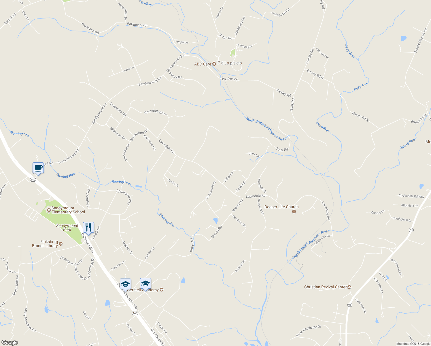 map of restaurants, bars, coffee shops, grocery stores, and more near 2856 Lawndale Road in Finksburg