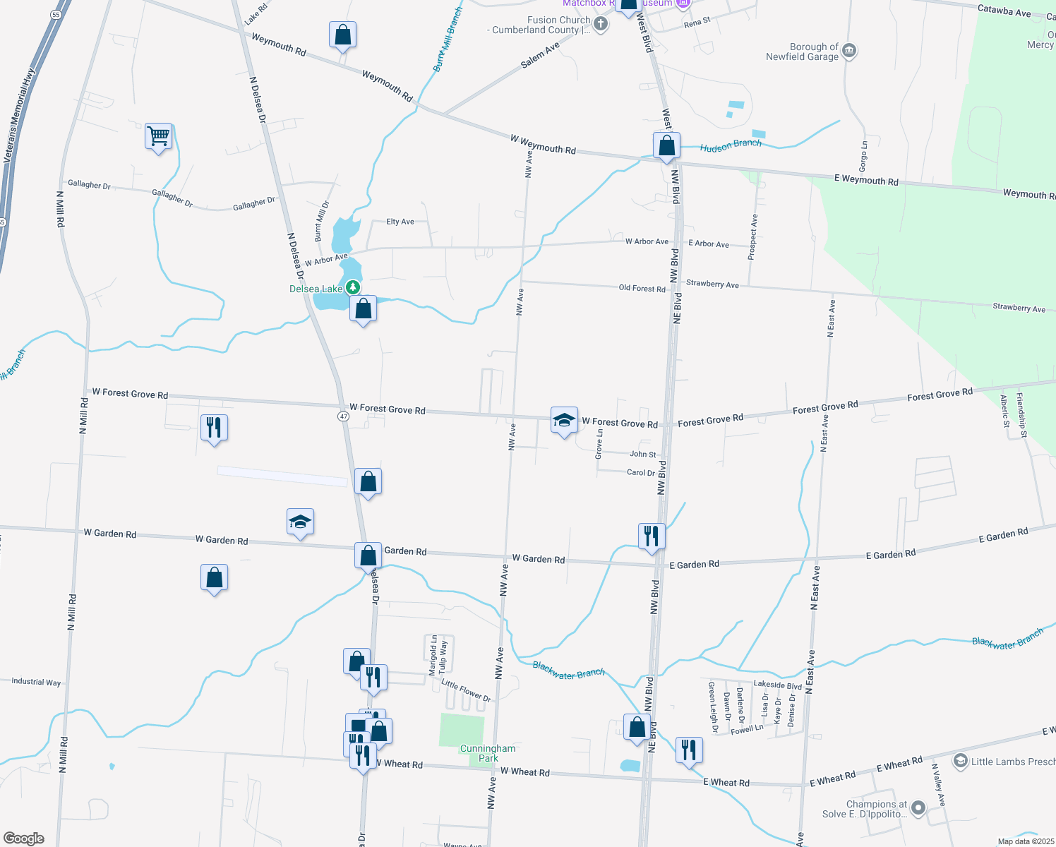 map of restaurants, bars, coffee shops, grocery stores, and more near 449 West Forest Grove Road in Vineland