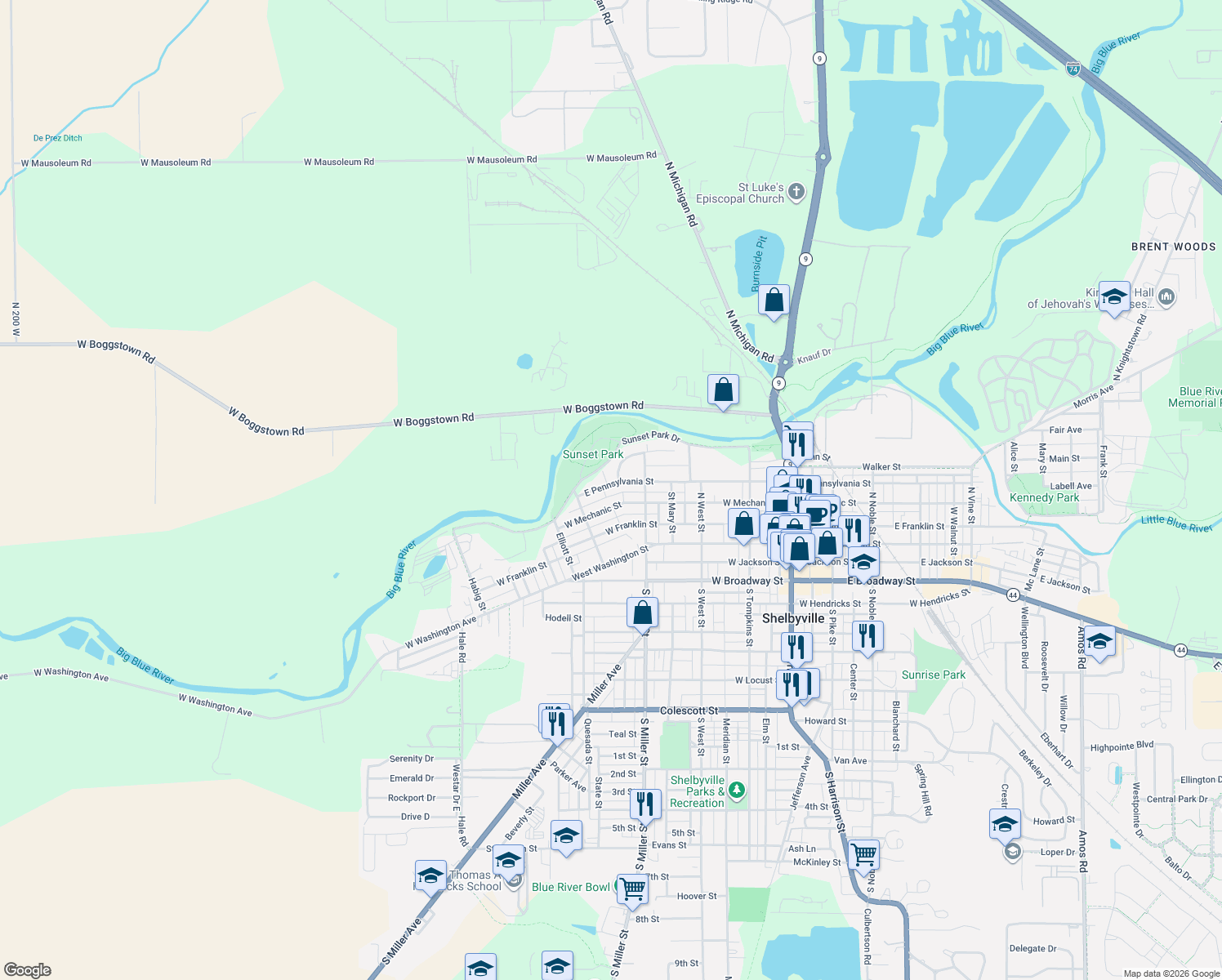 map of restaurants, bars, coffee shops, grocery stores, and more near 505 West Pennsylvania Street in Shelbyville