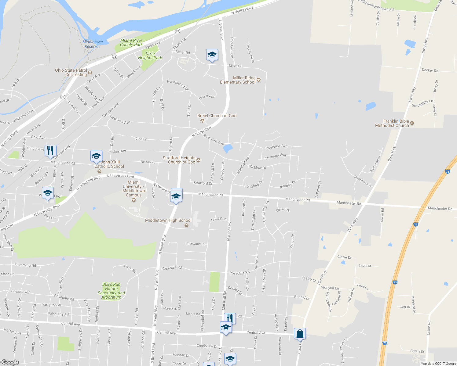 map of restaurants, bars, coffee shops, grocery stores, and more near 1514 Marshall Road in Middletown