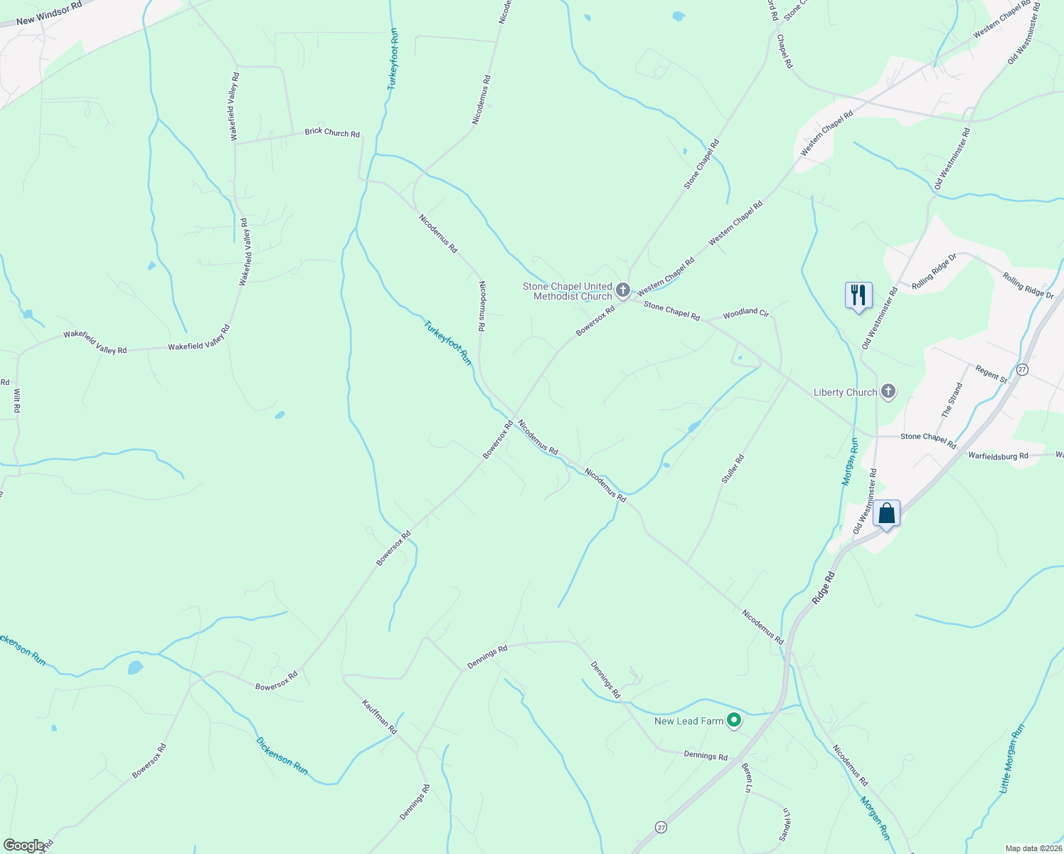 map of restaurants, bars, coffee shops, grocery stores, and more near Nicodemus Road in New Windsor