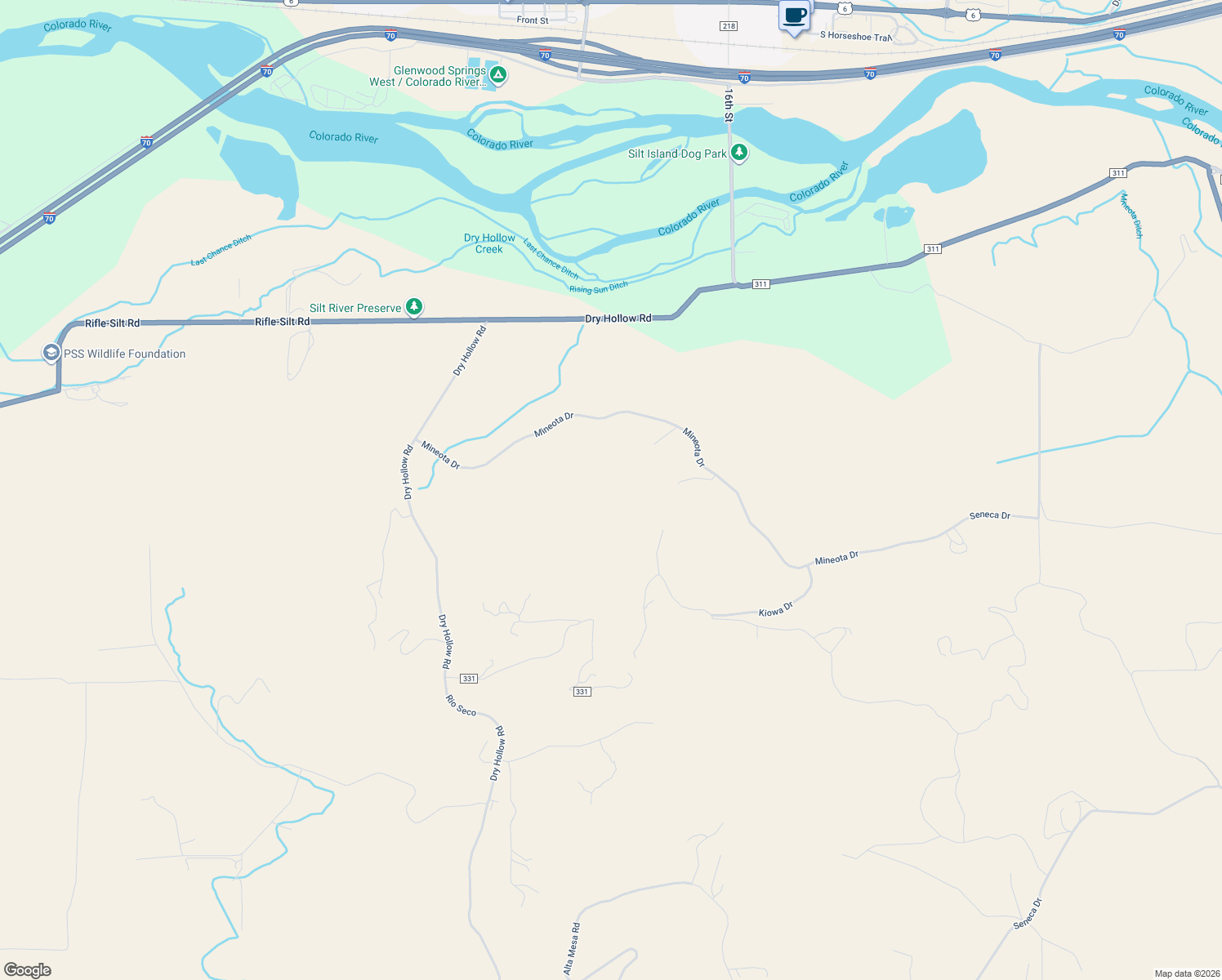 map of restaurants, bars, coffee shops, grocery stores, and more near 604 Mineota Drive in Silt