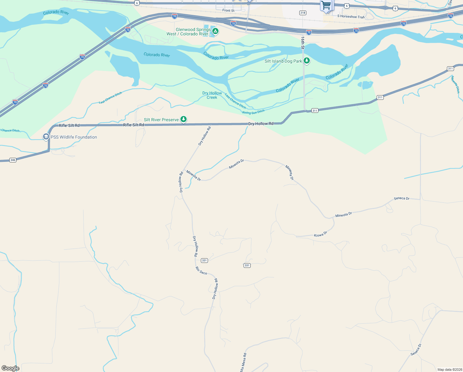 map of restaurants, bars, coffee shops, grocery stores, and more near 416 Mineota Drive in Silt
