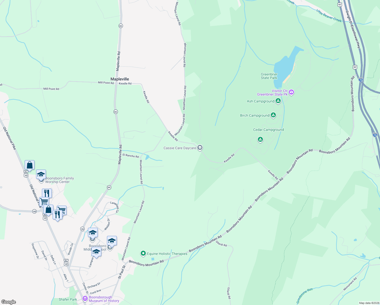 map of restaurants, bars, coffee shops, grocery stores, and more near 21023 Keadle Road in Boonsboro