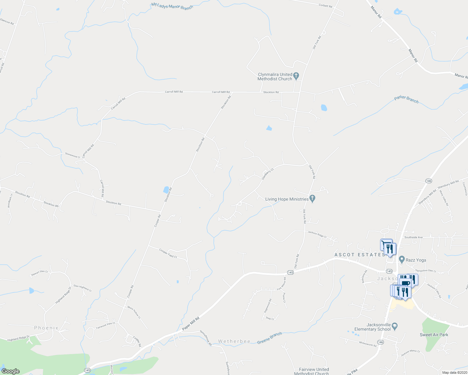 map of restaurants, bars, coffee shops, grocery stores, and more near 18 Glenberry Court in Phoenix