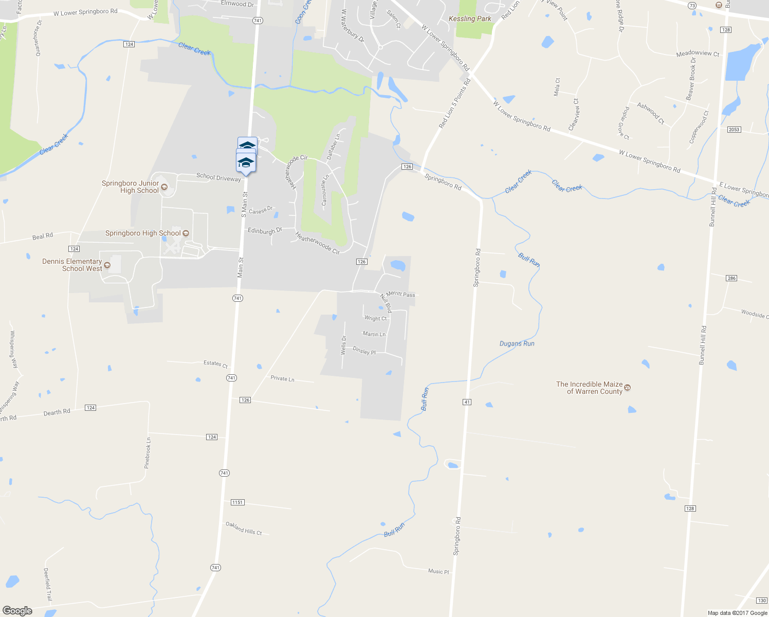 map of restaurants, bars, coffee shops, grocery stores, and more near 295 Null Blvd in Springboro