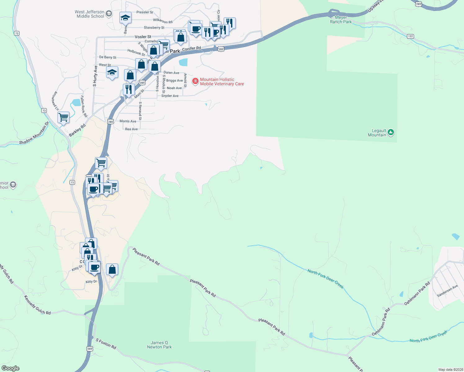 map of restaurants, bars, coffee shops, grocery stores, and more near 26786 Light Lane in Conifer