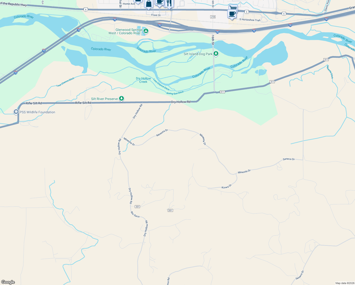 map of restaurants, bars, coffee shops, grocery stores, and more near 604 Mineota Drive in Silt