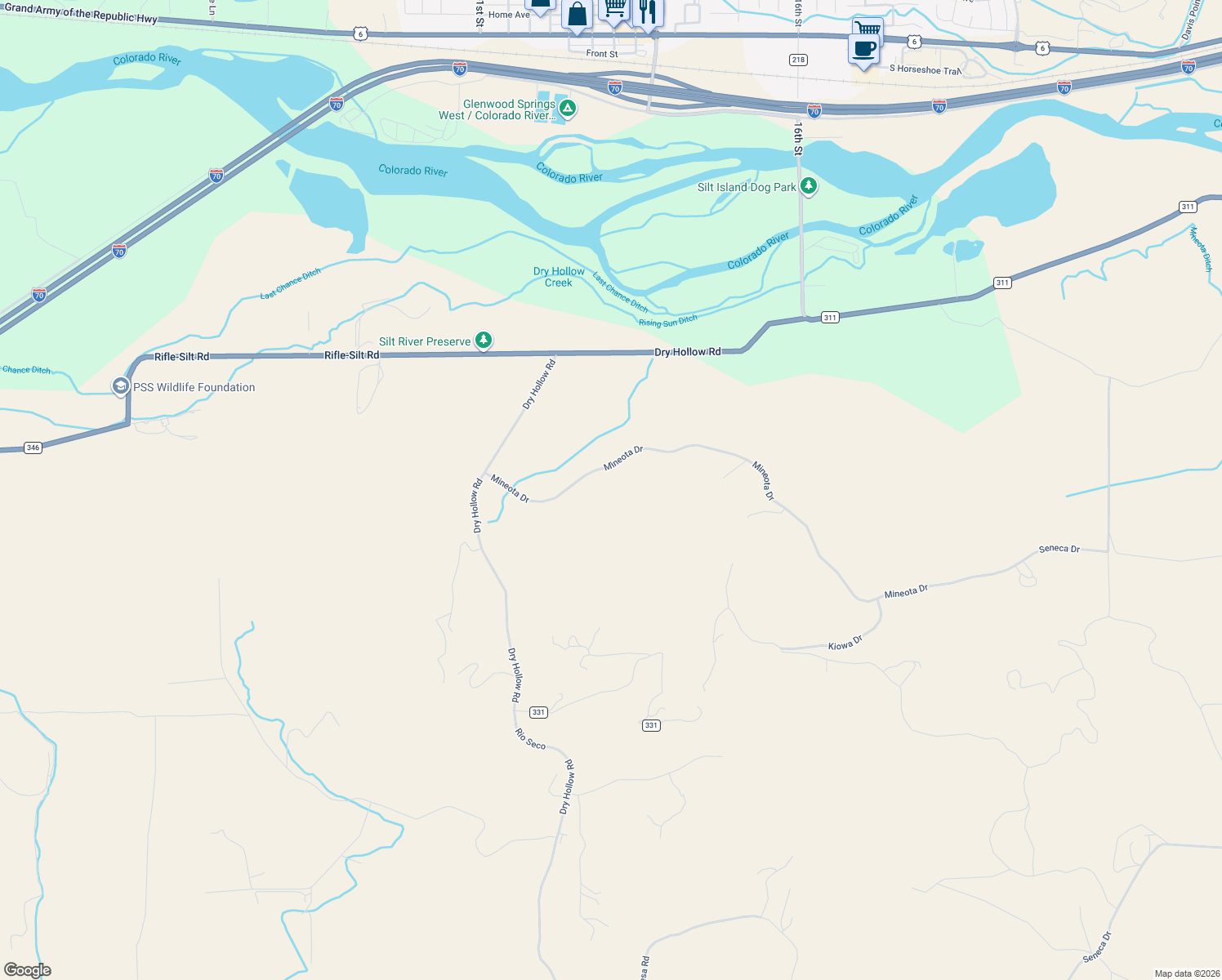 map of restaurants, bars, coffee shops, grocery stores, and more near 416 Mineota Drive in Silt