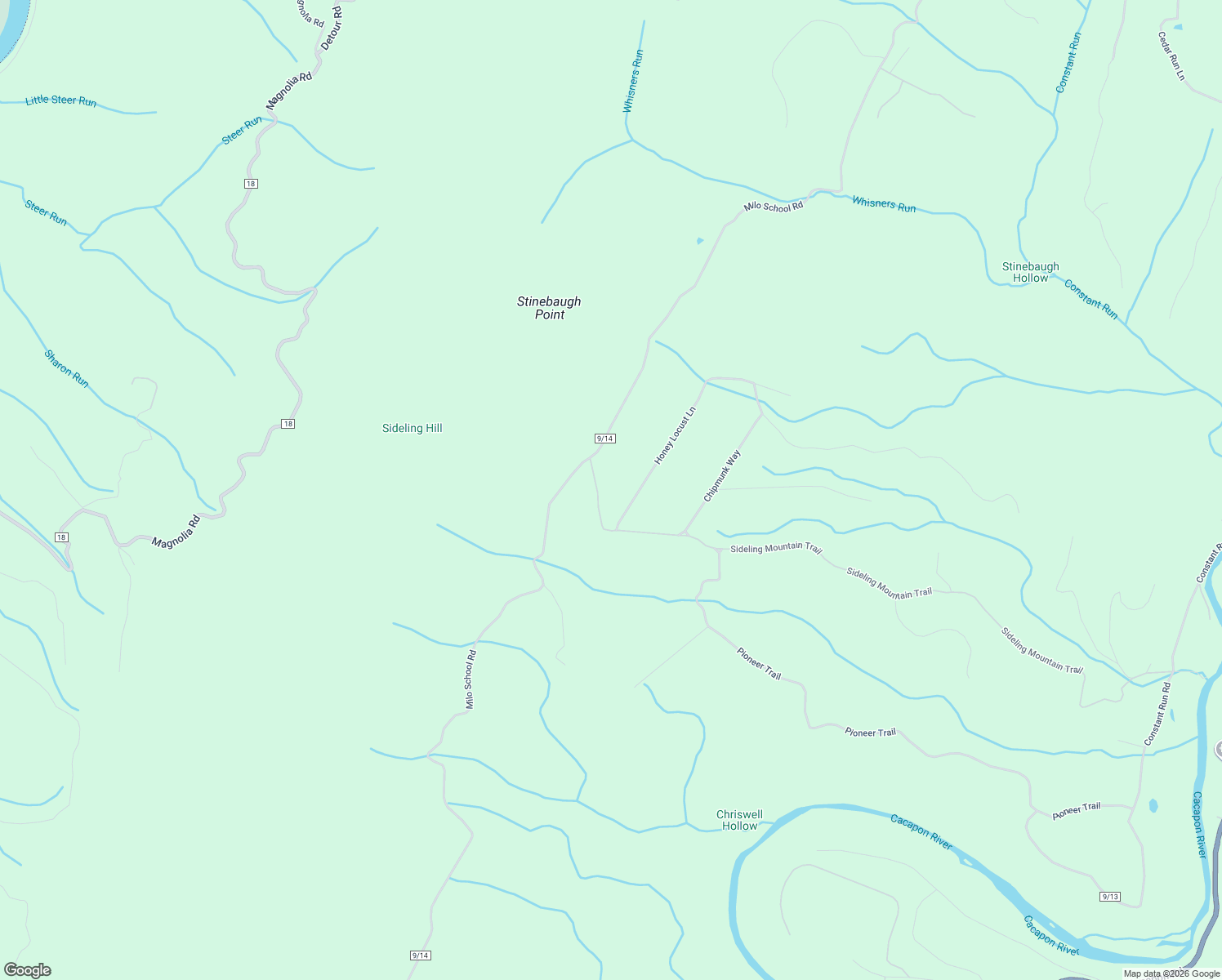 map of restaurants, bars, coffee shops, grocery stores, and more near 2034 Sideling Mountain Trail in Great Cacapon
