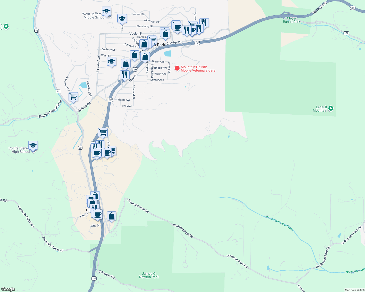 map of restaurants, bars, coffee shops, grocery stores, and more near 26786 Light Lane in Conifer
