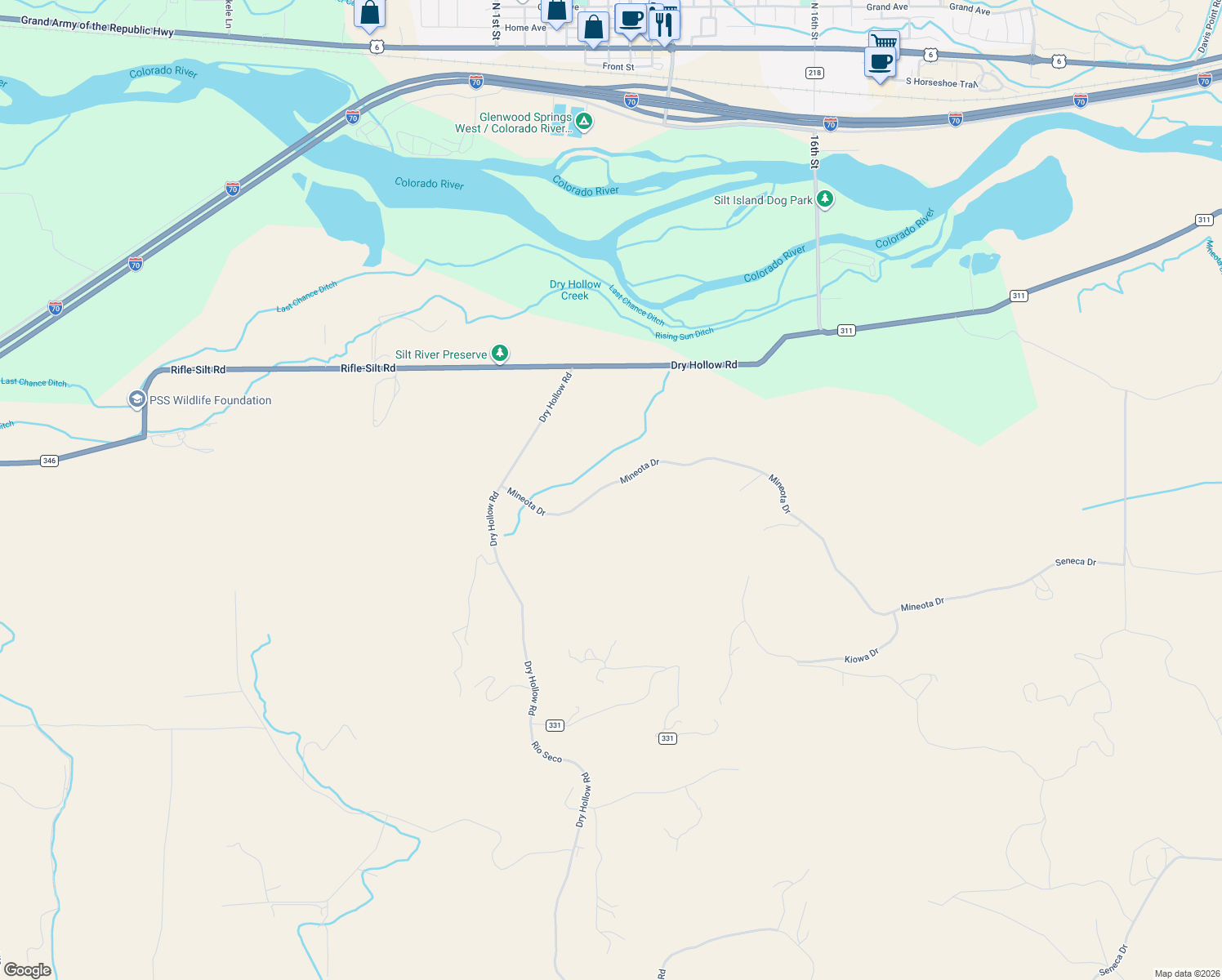 map of restaurants, bars, coffee shops, grocery stores, and more near 416 Mineota Drive in Silt