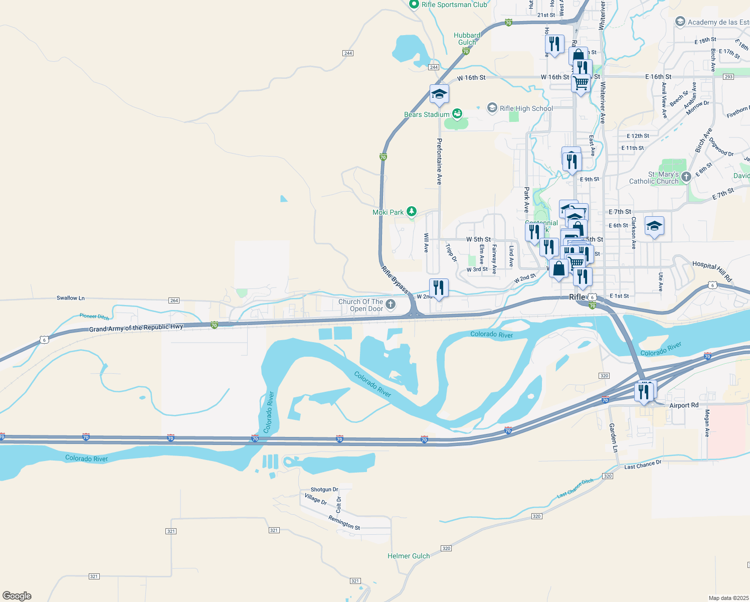 map of restaurants, bars, coffee shops, grocery stores, and more near 153 June Ave in Rifle