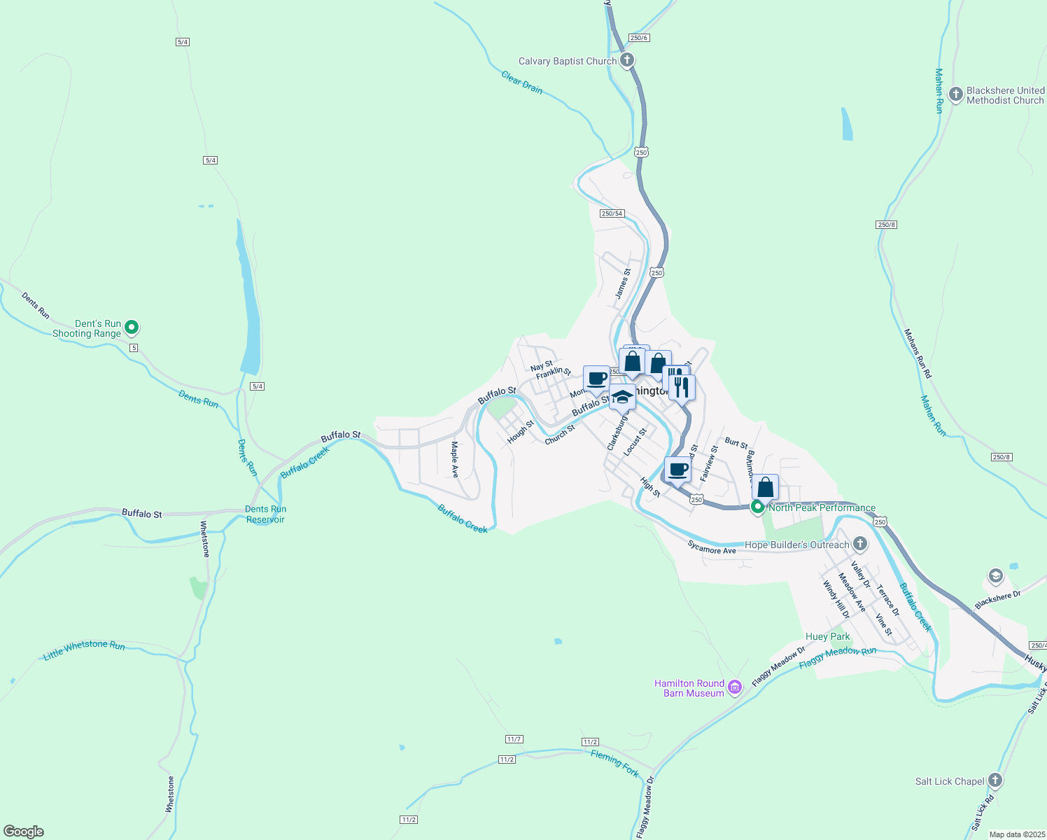 map of restaurants, bars, coffee shops, grocery stores, and more near 209 Park Dr in Mannington
