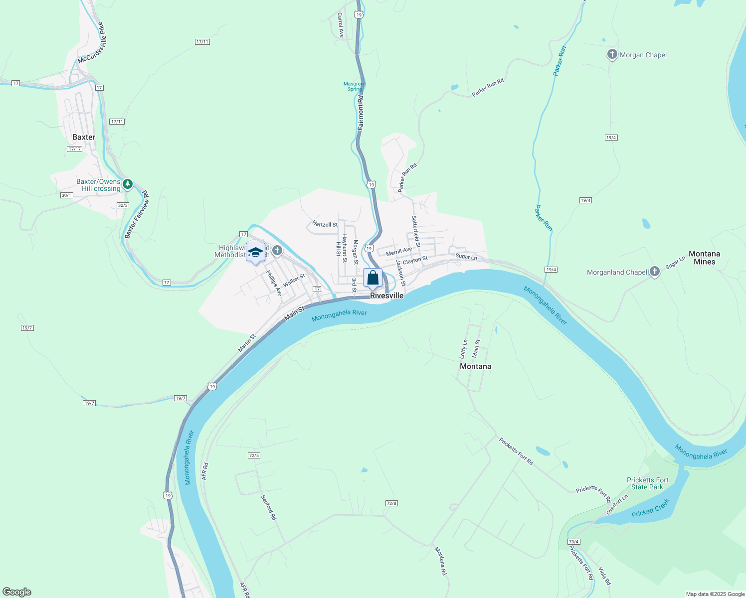 map of restaurants, bars, coffee shops, grocery stores, and more near 29 Main Street in Rivesville