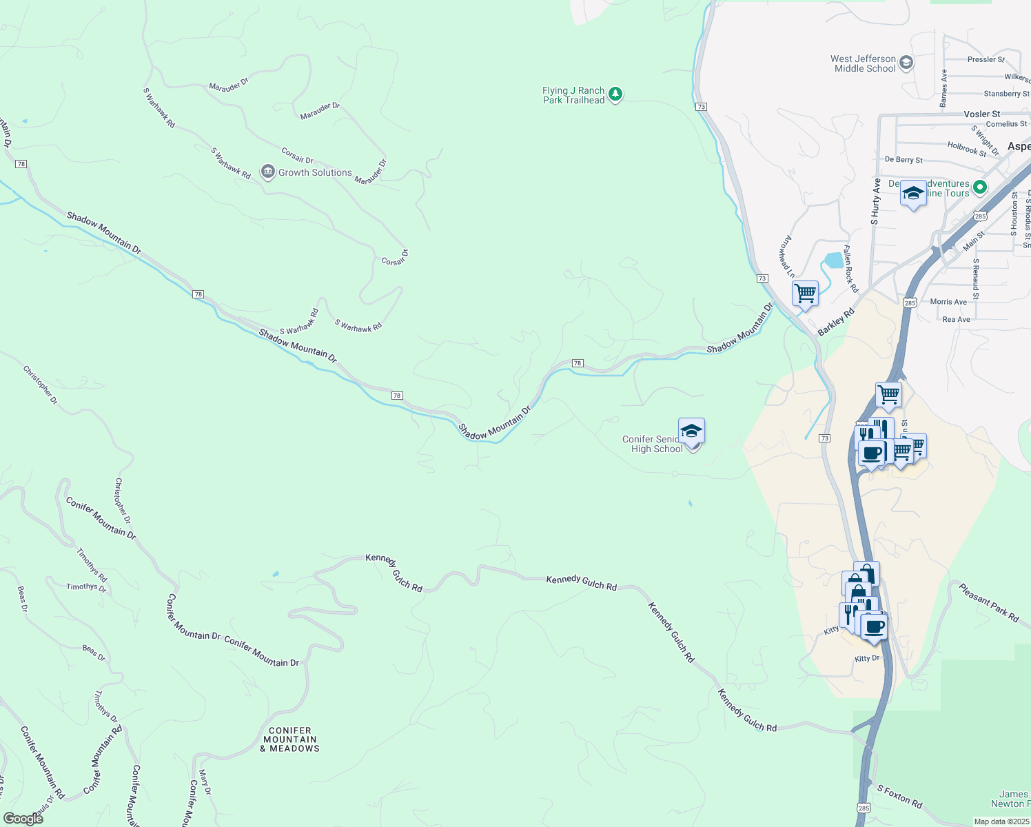 map of restaurants, bars, coffee shops, grocery stores, and more near 10350 Blue Sky Trail in Conifer