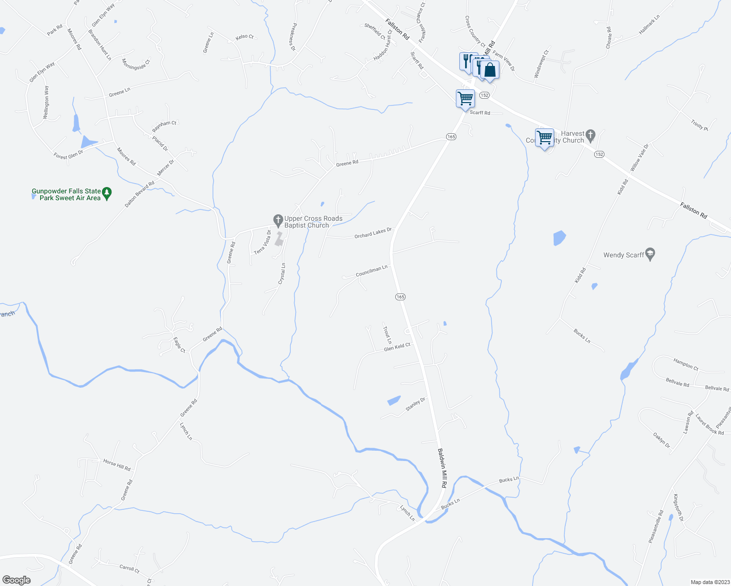 map of restaurants, bars, coffee shops, grocery stores, and more near 2666 Baldwin Mill Road in Baldwin