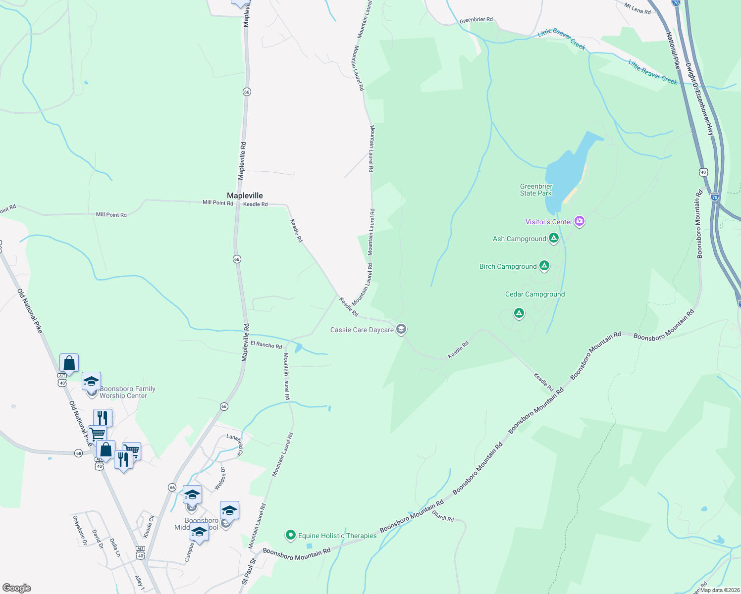 map of restaurants, bars, coffee shops, grocery stores, and more near 7919 Mountain Laurel Road in Boonsboro