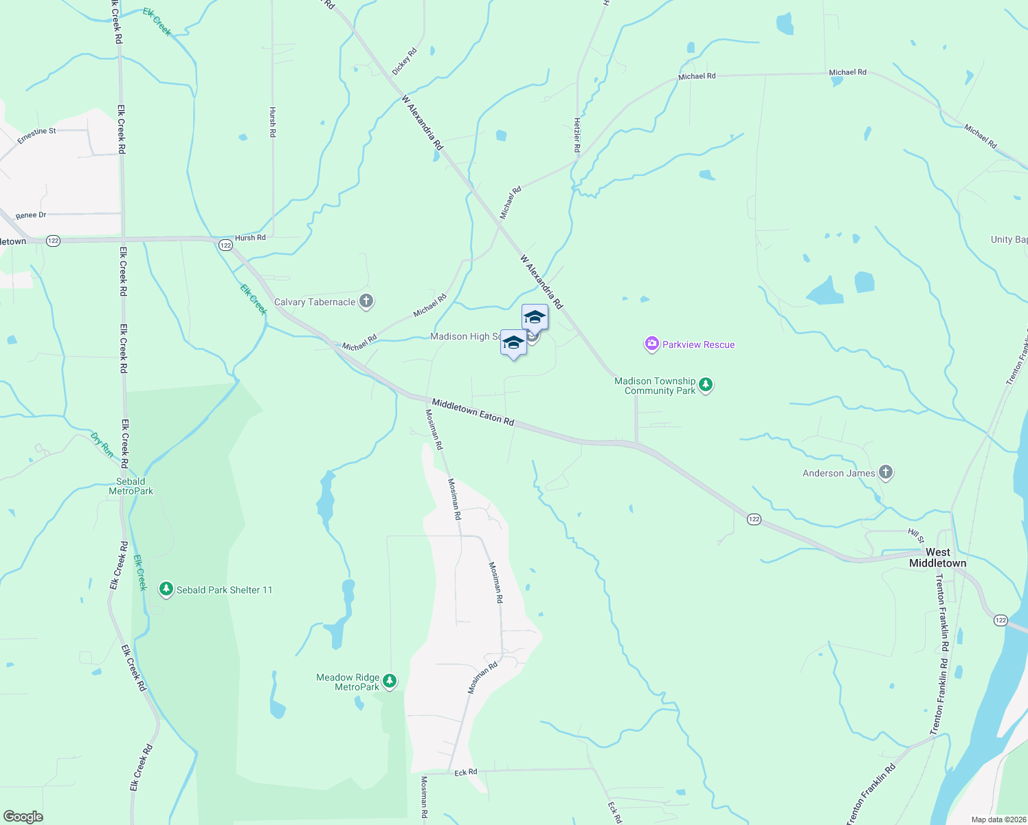 map of restaurants, bars, coffee shops, grocery stores, and more near 1316 Middletown Eaton Road in Middletown